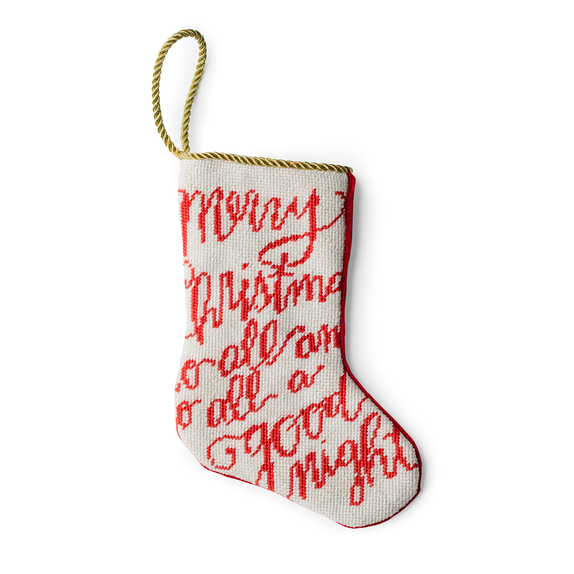 A small, intricately designed needlepoint stocking featuring the words 'Merry Christmas to all and to all a good night' in red letters against a white background. A gold loop at the top makes it perfect as a tree ornament, place setting, or for hanging by the fireplace.
