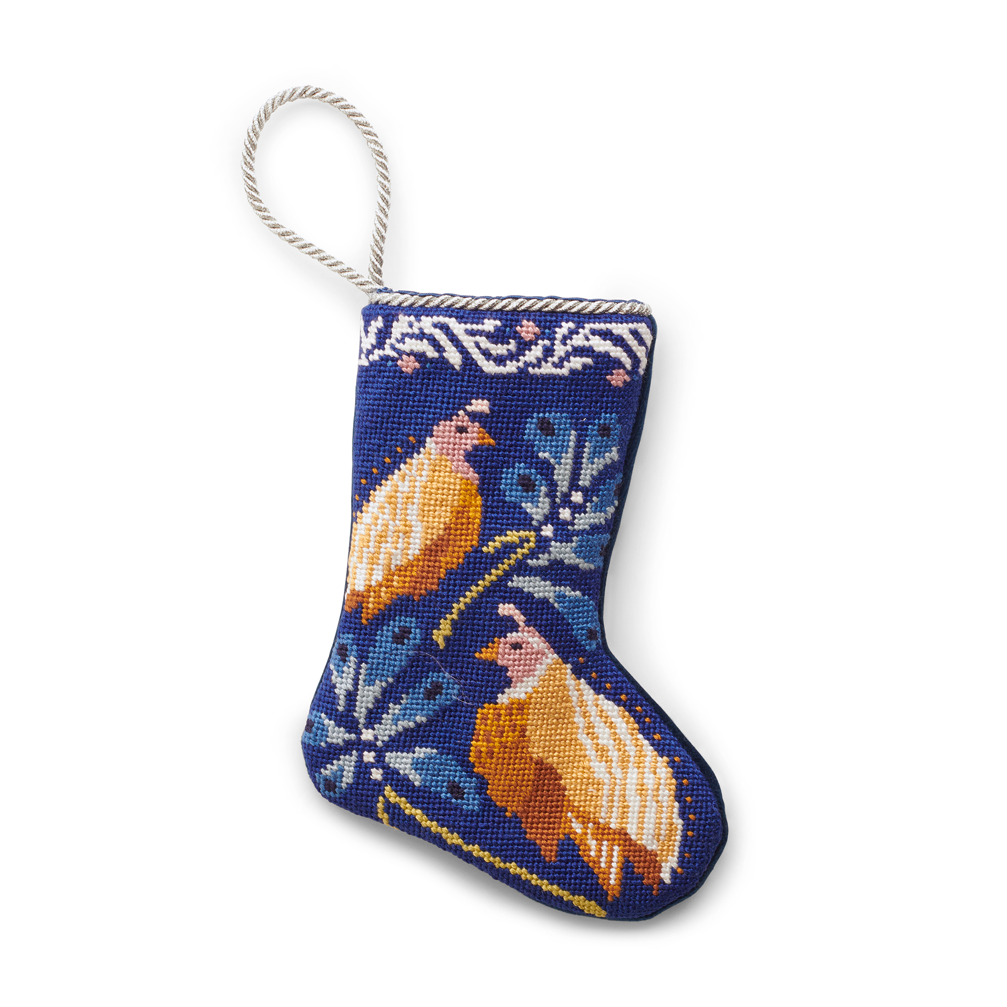 A charming Christmas stocking, featuring an illustrated two birds contrasted to the dark blue  background. A gold loop at the top, is making it perfect as tree ornament, place setting, or for hanging by the fireplace.