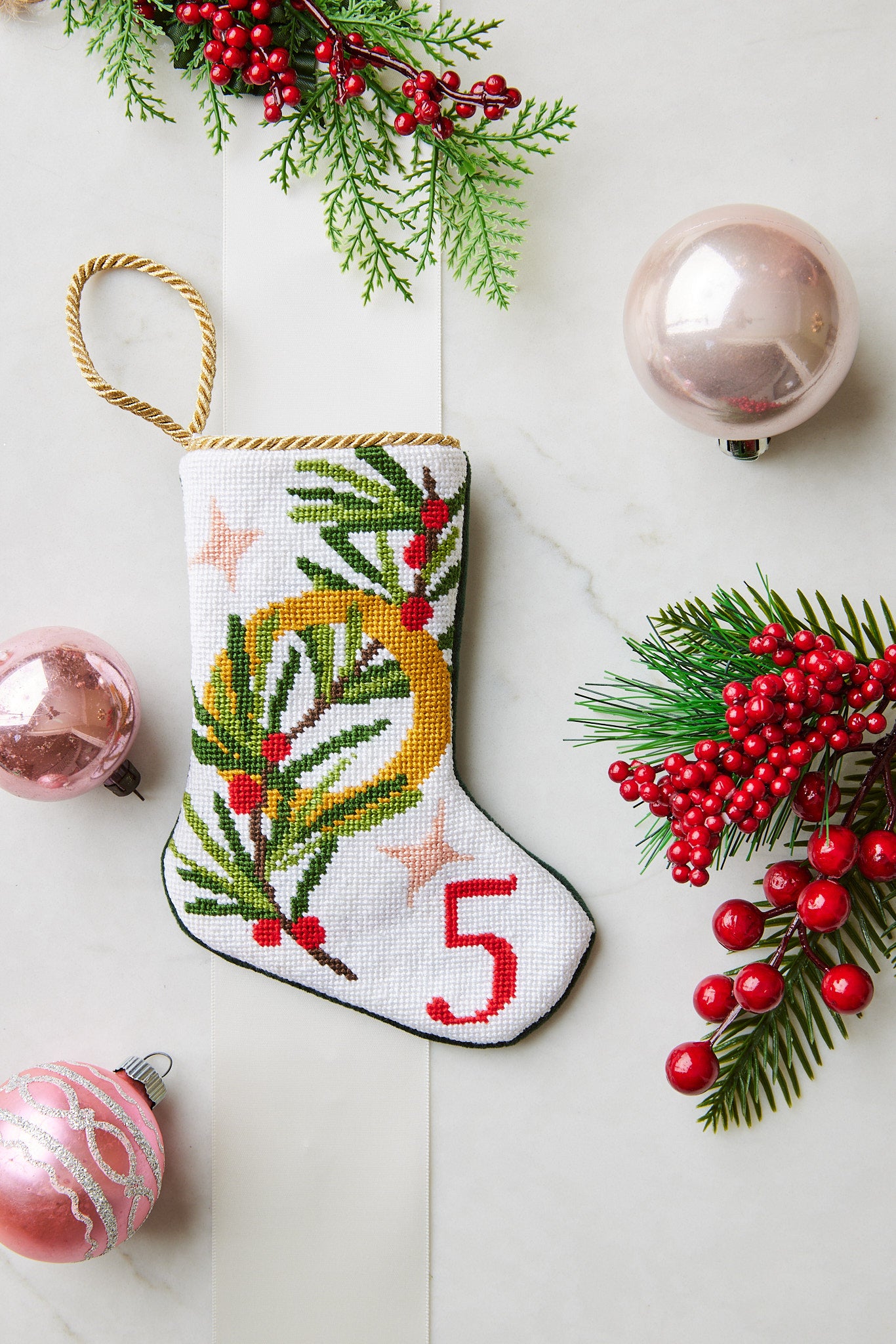 Mini Needlepoint Stocking - 5 Golden Rings