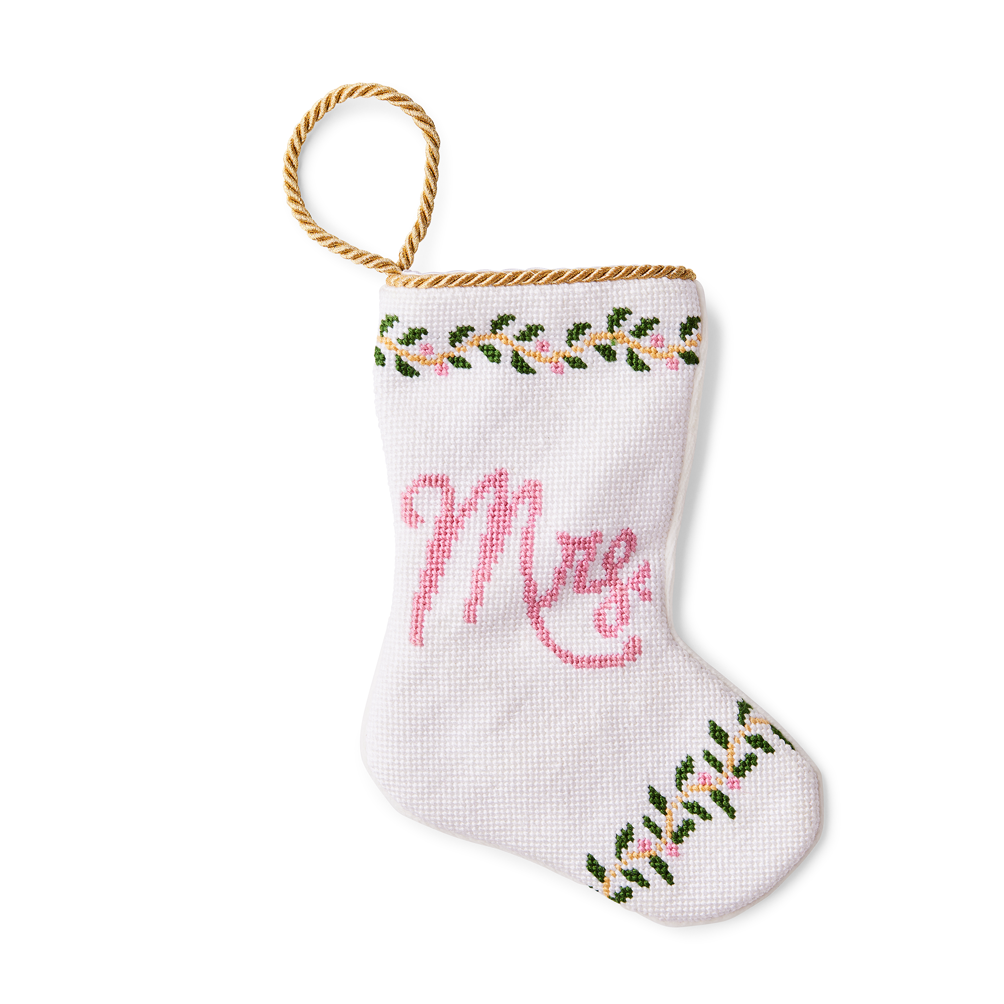 A small, intricately designed needlepoint stocking featuring the word 'Mrs.' in elegant script. The illustration is set against a delicate, wedding-themed background. Perfect for a place setting, a unique gift, or a clue to it, concert tickets, jewelry or anything else small and thoughtful.