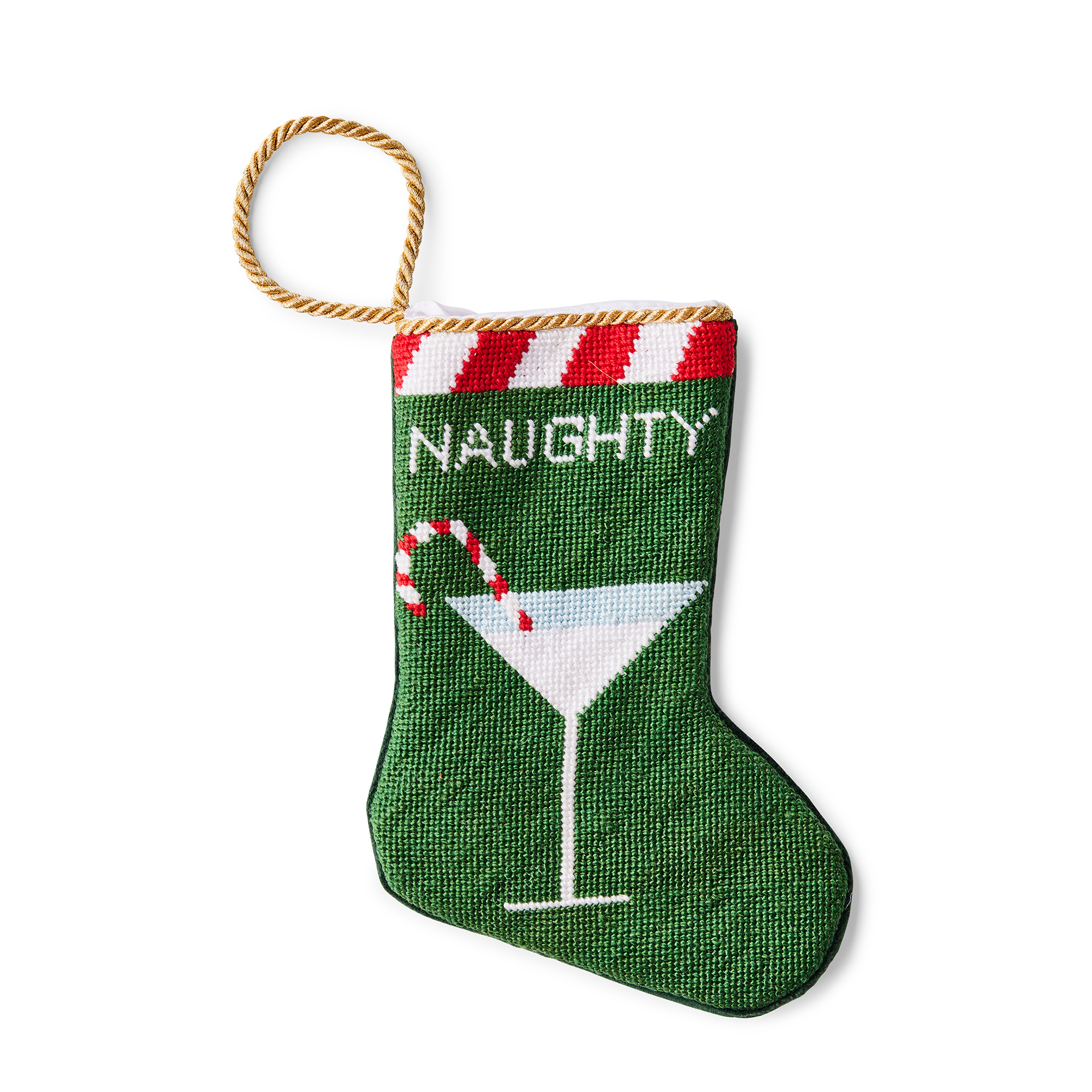 A small, intricately designed needlepoint stocking featuring an illustration of a martini glass with a playful twist - lollipop garnish, set against a holiday green background with red and white details. A gold loop at the top makes it perfect as a tree ornament, place setting, or for hanging by the fireplace.