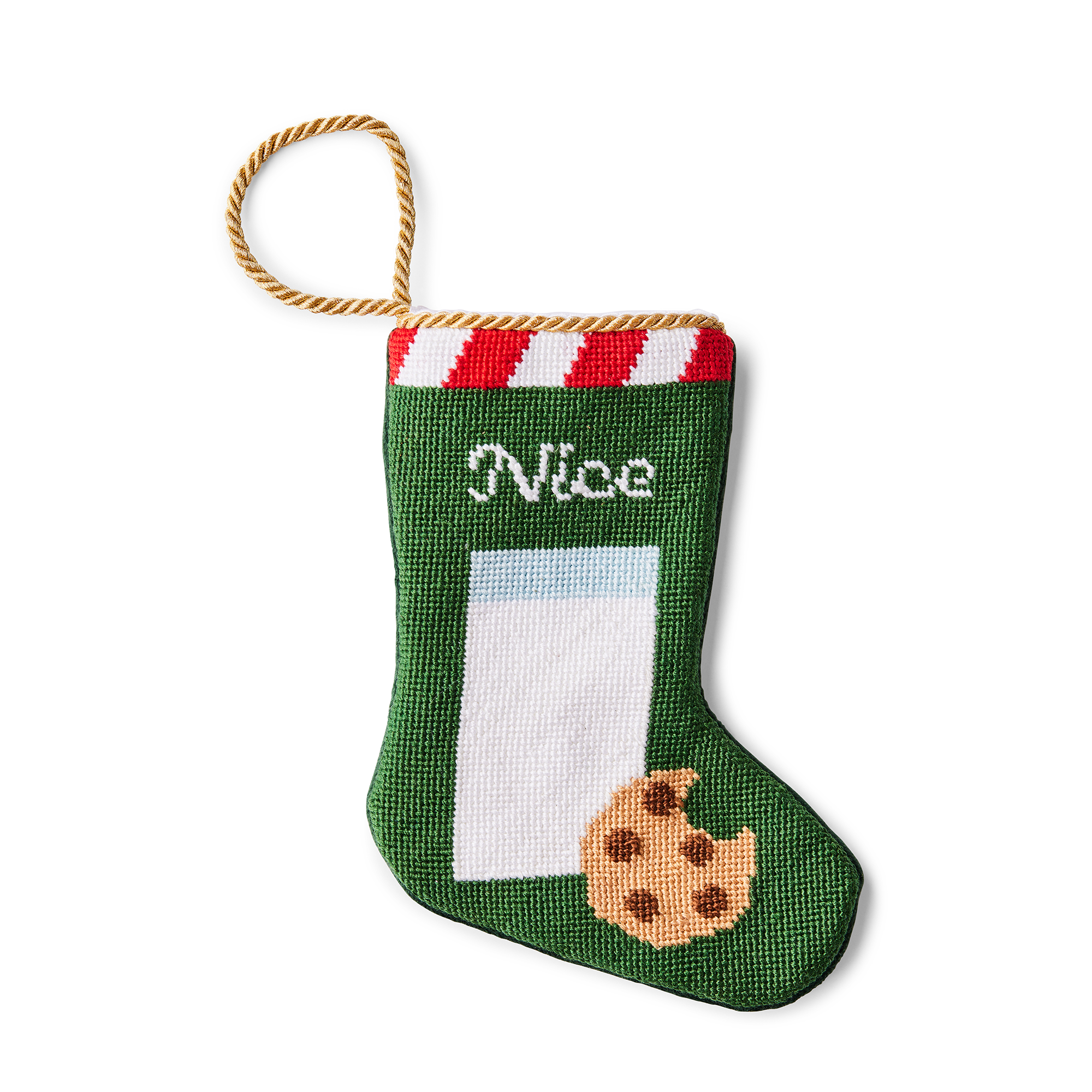 A small, intricately designed needlepoint stocking featuring an illustration of cookies and milk, set against a green background. A gold loop at the top makes it perfect as a tree ornament, place setting, or for hanging by the fireplace.