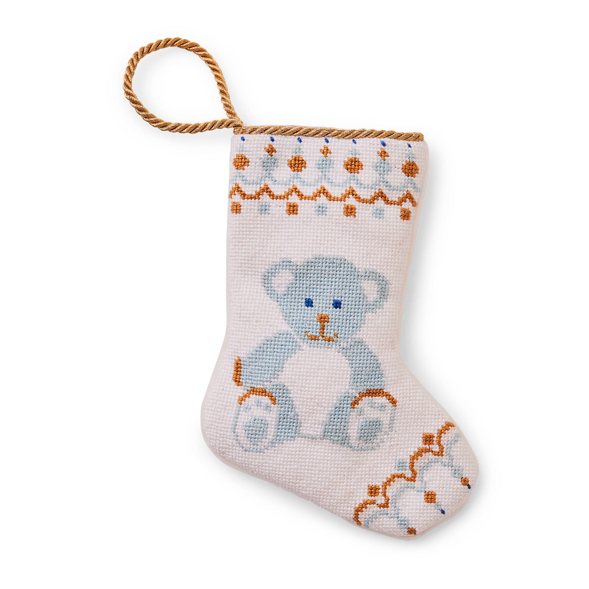A charming Christmas stocking, Blue Bear enjoying a festive holiday scene. Perfect as tree ornaments, place settings, or hanging by the fireplace.