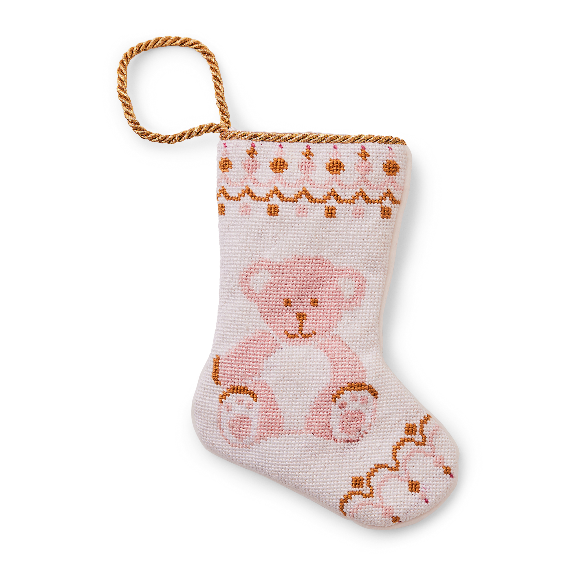 A charming Christmas stocking, Pink Bear enjoying a festive holiday scene. Perfect as tree ornaments, place settings, or hanging by the fireplace.