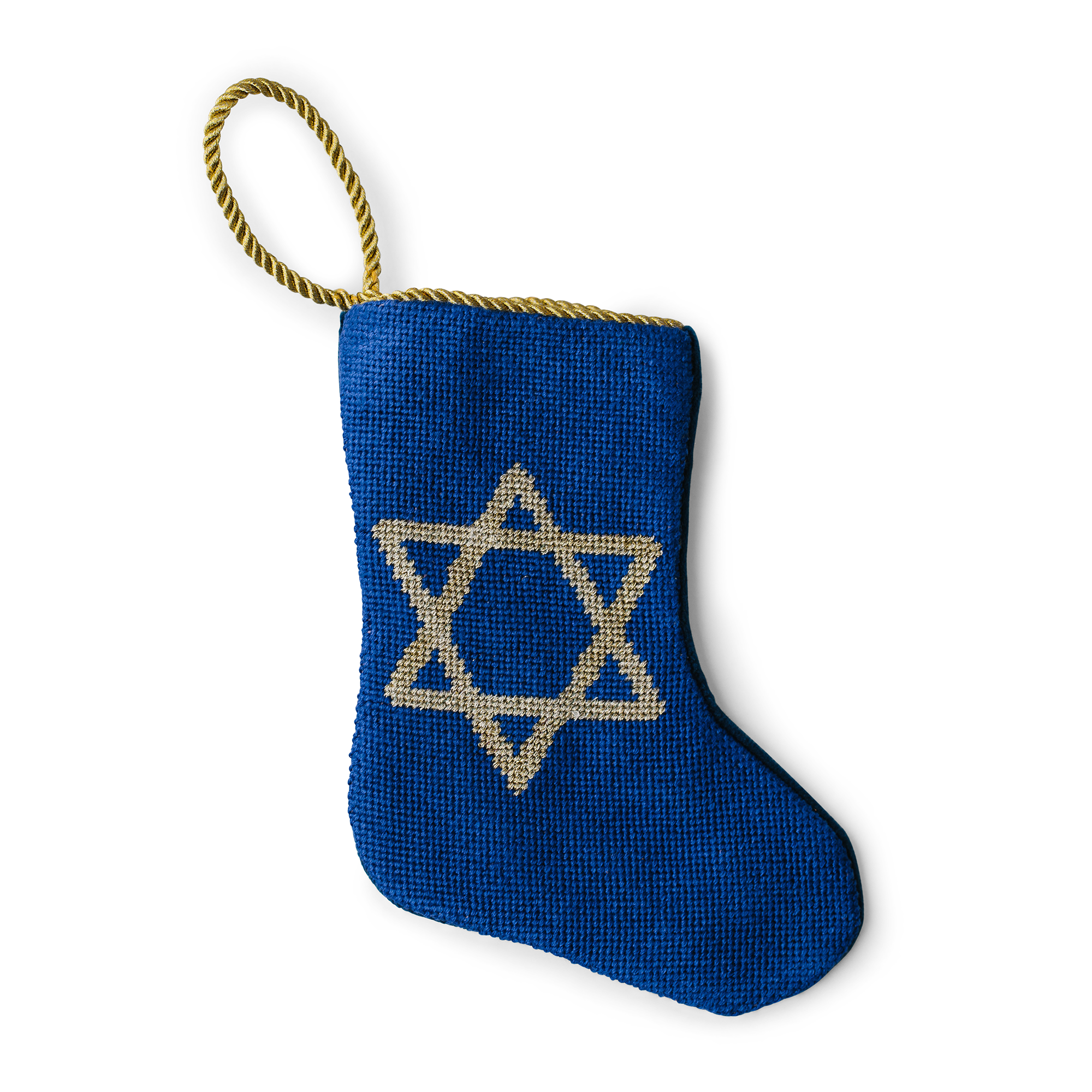 A charming Christmas stocking, featuring a golden Star of David on dark blue. A gold loop at the top, is making it perfect as tree ornament, place setting, or for hanging by the fireplace.
