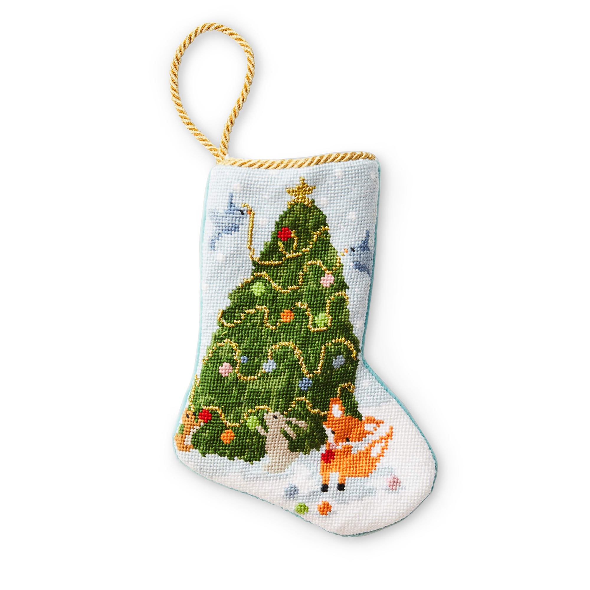 A charming Christmas stocking, featuring an illustrated Christmas tree and animals around it in a warm holiday scene. A gold loop at the top, is making it perfect as tree ornament, place setting, or for hanging by the fireplace.