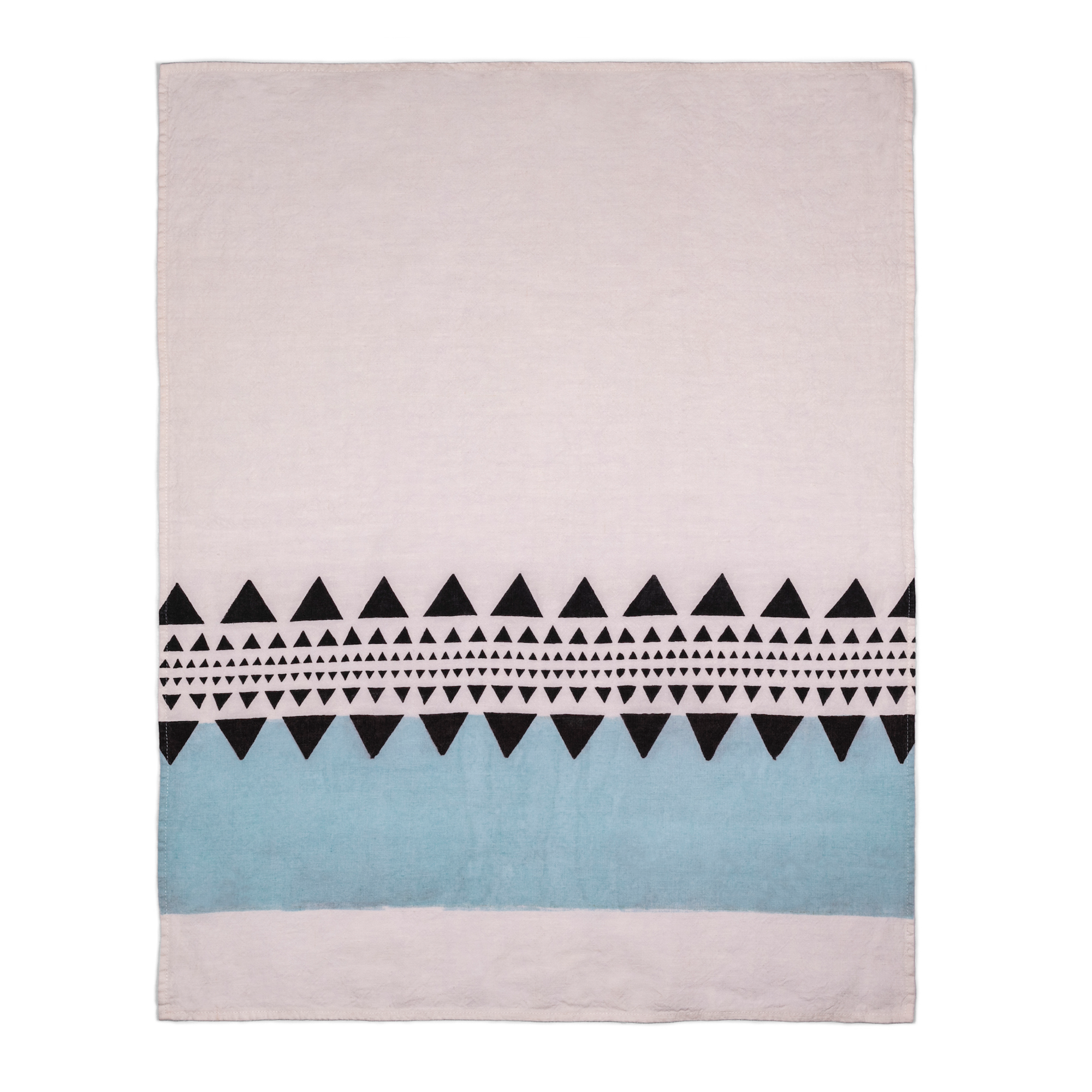 Unfolded tea towel featuring a white base adorned with modern light blue and black geometric elements.