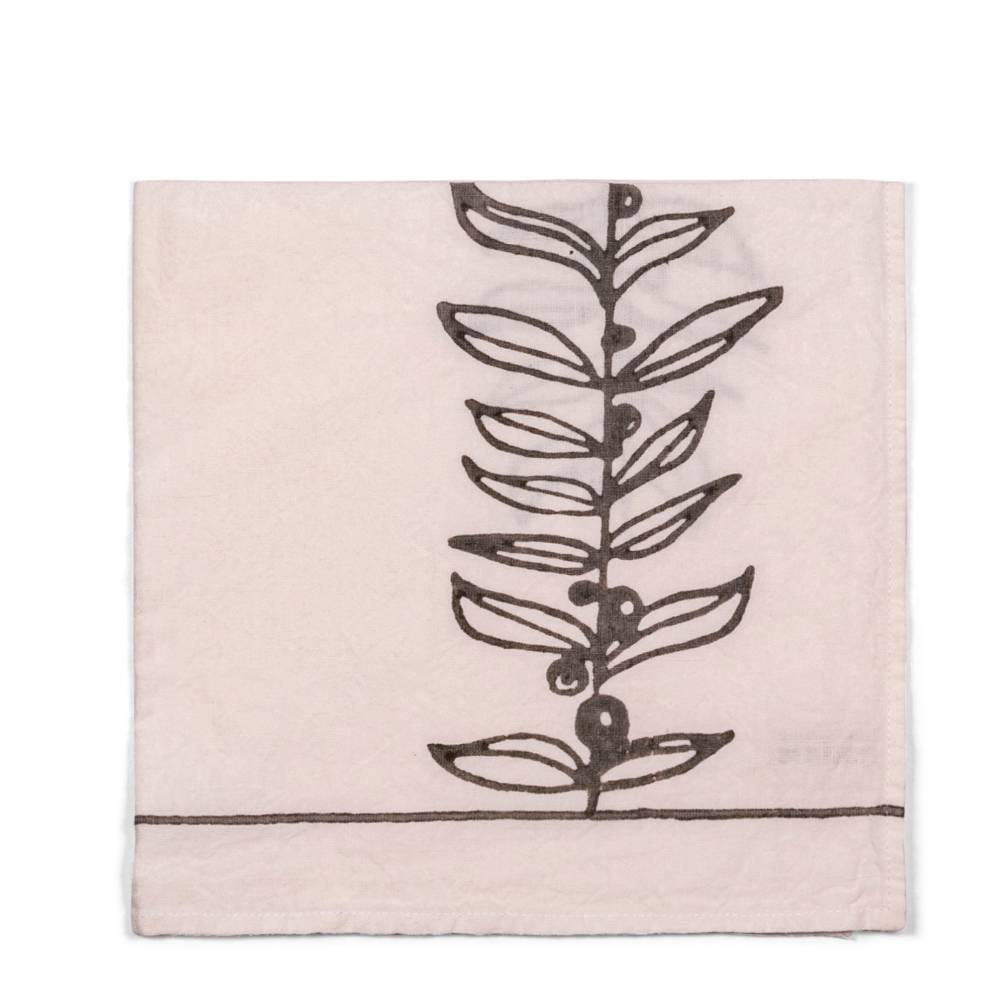 A 100% linen napkin in natural color, with an illustration of a grey tree. Perfect for breakfast, formal dining, or a garden tablescape.