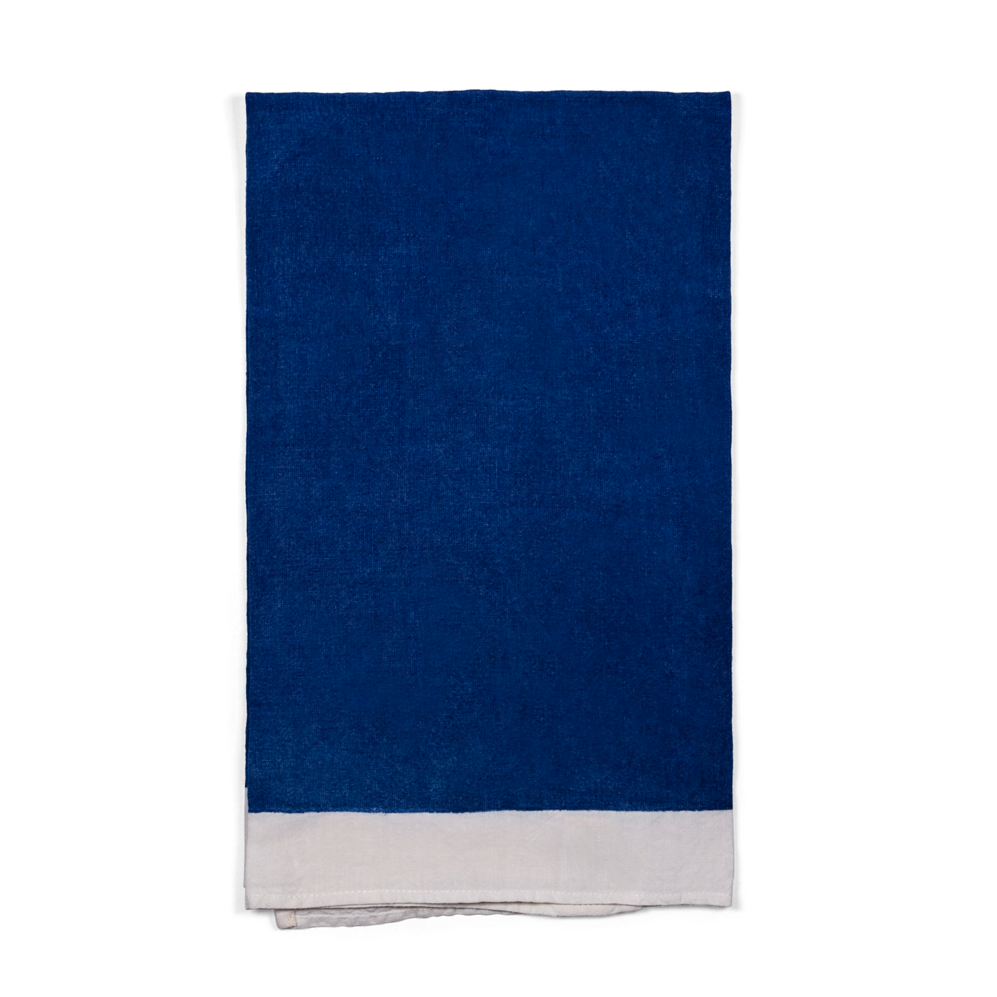 A stylish dark blue linen tea towel with white borders, handmade using pear wood.  Can be used in kitchen, for breakfast, formal dining, or garden tablescape.