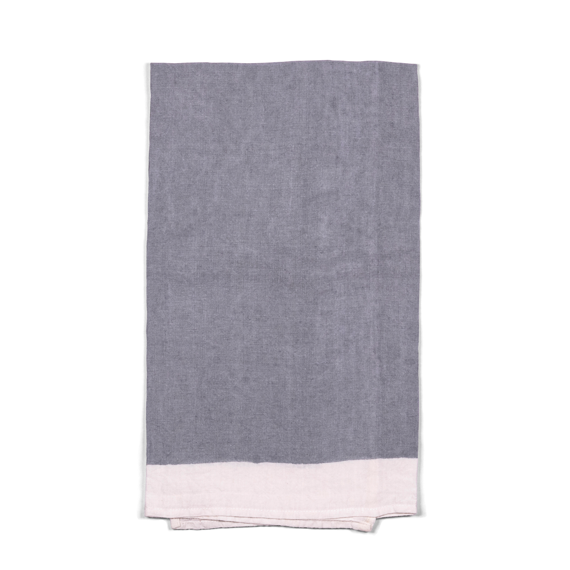 A stylish grey linen tea towel with white borders, handmade using pear wood.  Can be used in kitchen, for breakfast, formal dining, or garden tablescape.