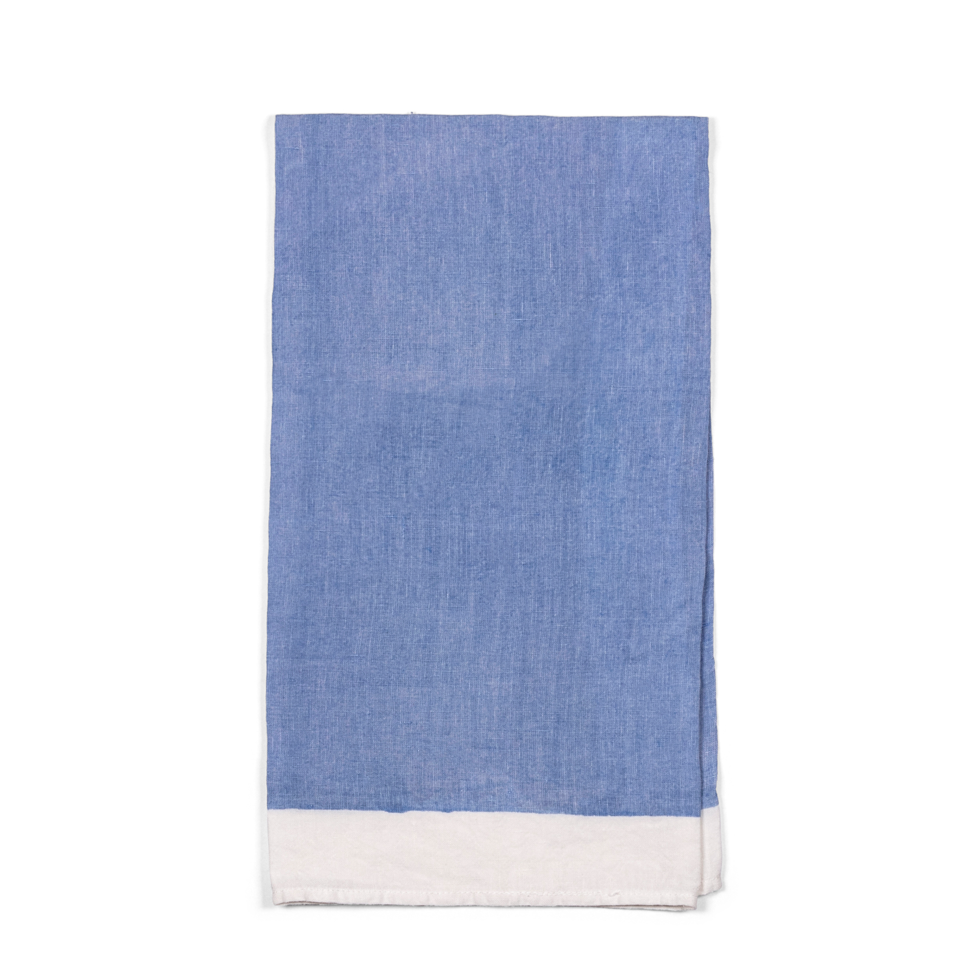 A stylish blue linen tea towel with white borders, handmade using pear wood. Can be used in kitchen, for breakfast, formal dining, or garden tablescape.