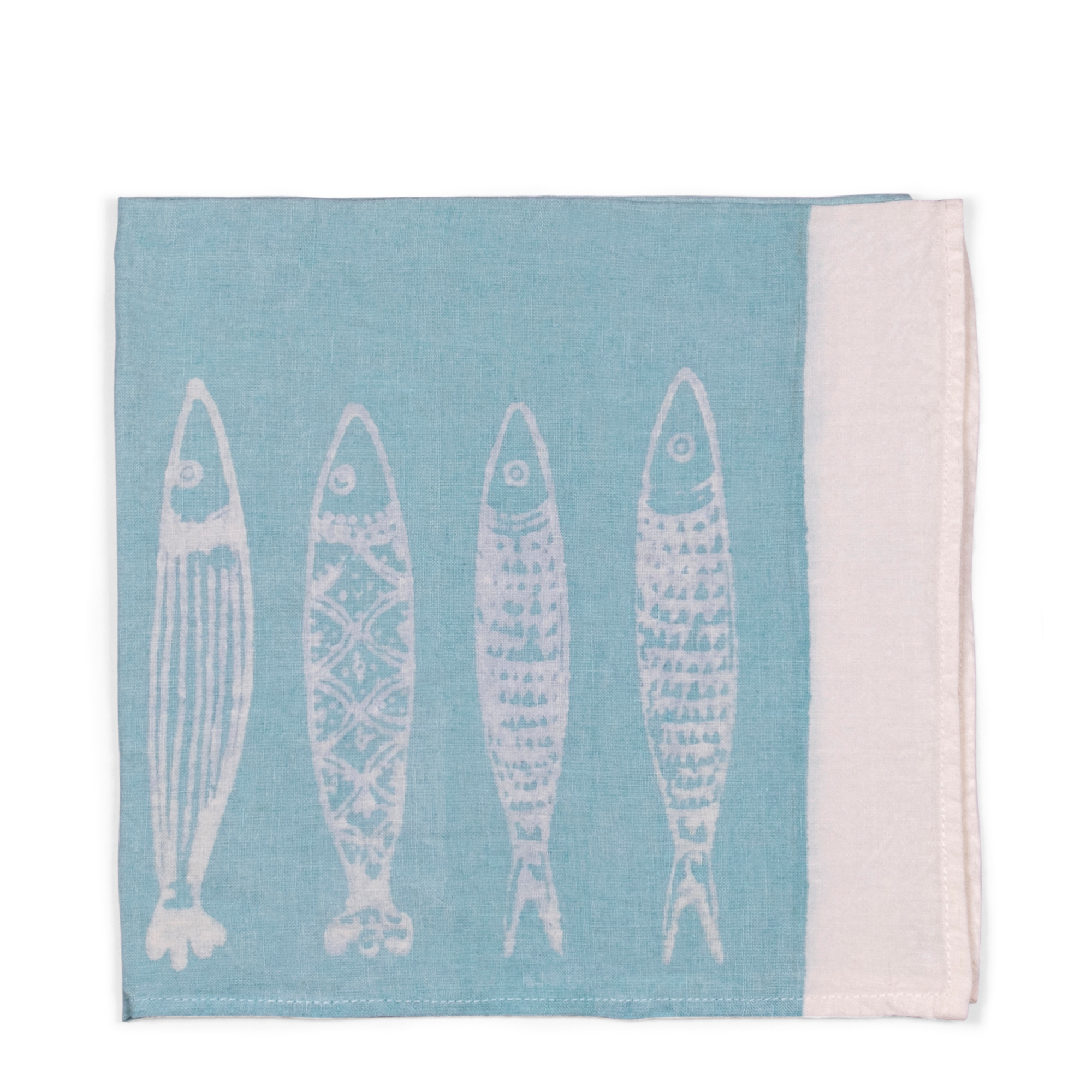 A stylish light blue linen napkin with white borders and illustrated fish, handmade using pear wood. Can be used for breakfast, formal dining, or garden tablescape.