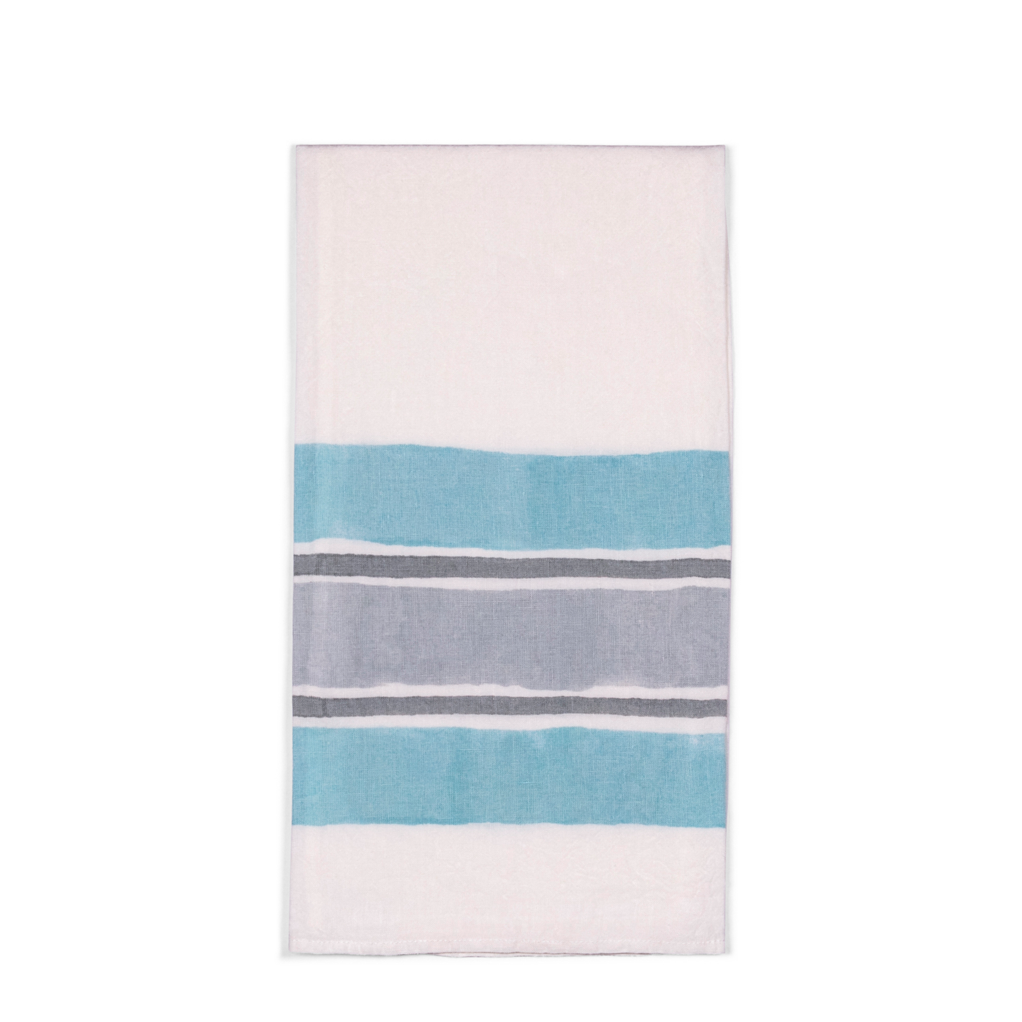 A 100% linen white tea towel, with light blue and grey stripes, handmade of pear wood. Perfect for breakfast, formal dining, a garden tablescape, or using in kitchen.
