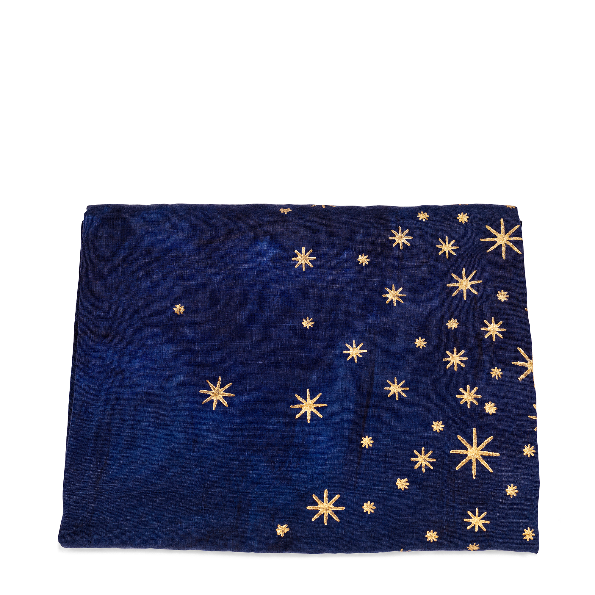 A luxurious indigo linen tablecloth with golden stars, perfect for adding a touch of elegance to your table and kitchen.