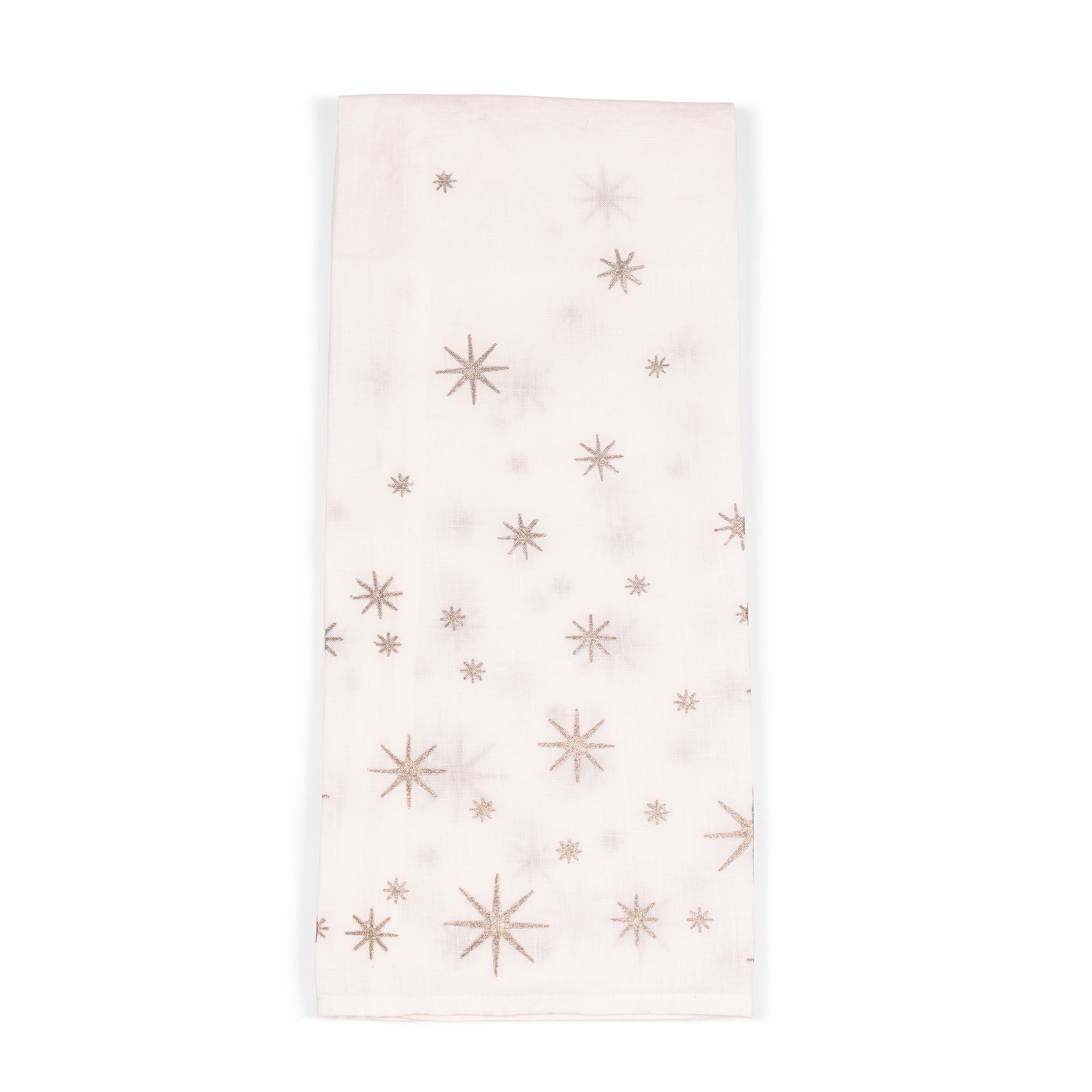 A luxurious white linen tea towel with golden stars, perfect for adding a touch of elegance to your table and kitchen.