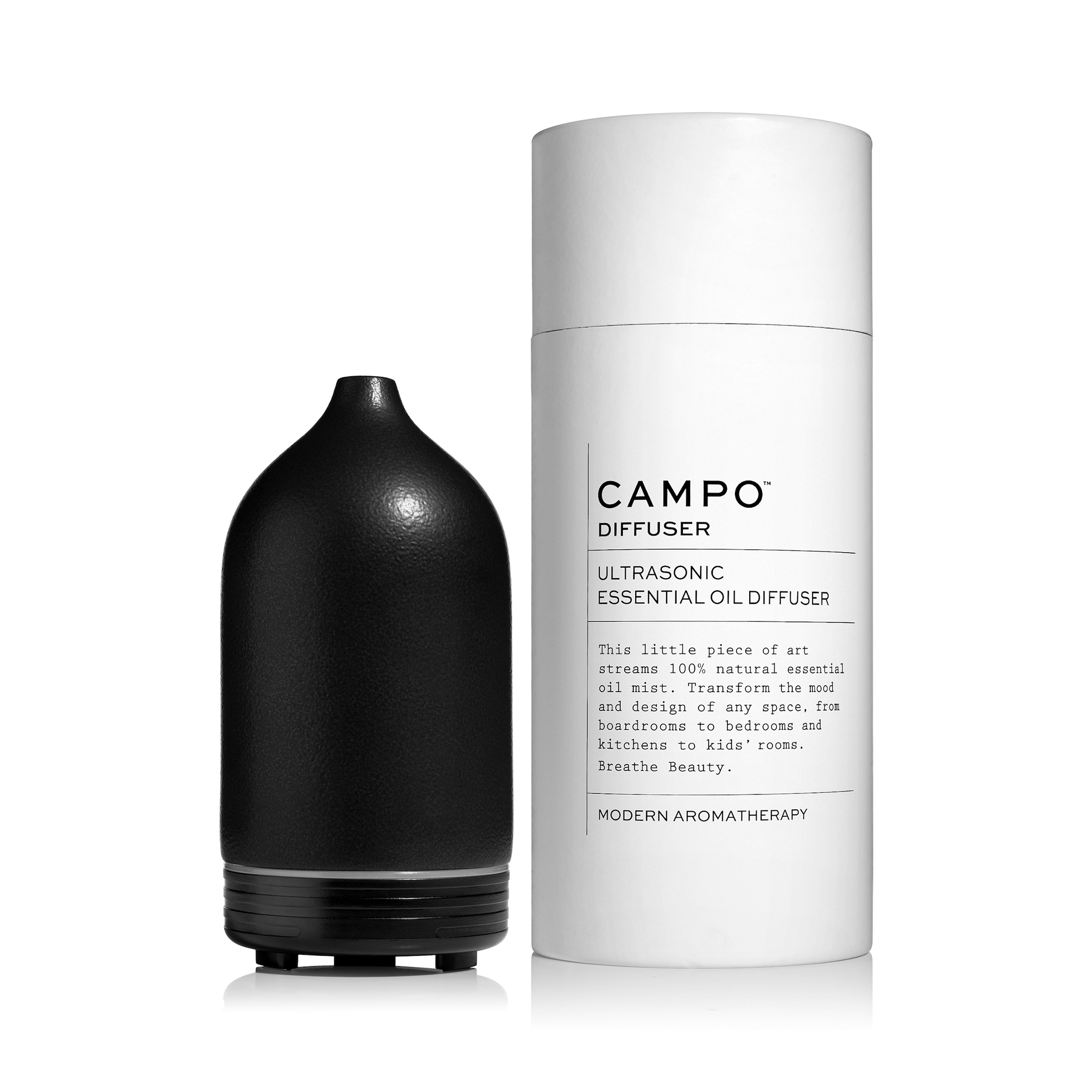 Elegant black diffuser that releases essential oils through ultrasonic technology.