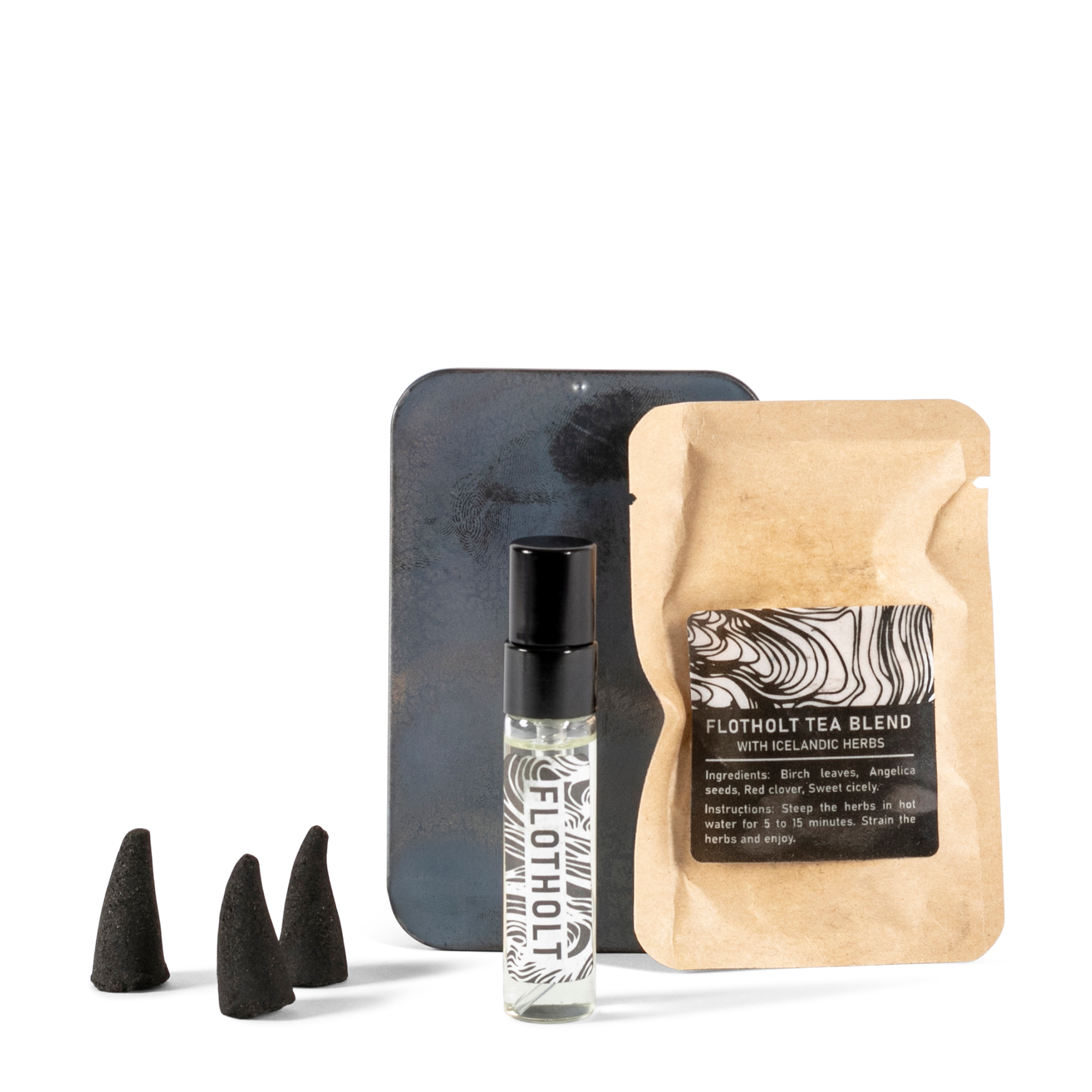 The Scent Survival Kit: This fragrance features a unique blend of amber, bergamot, birch tar, fresh air, seaweed, dirt, grass, and vetiver. The kit includes a 5ml edition of FLOTHOLT perfume, three incense cones, and one portion of Icelandic herbal tea.