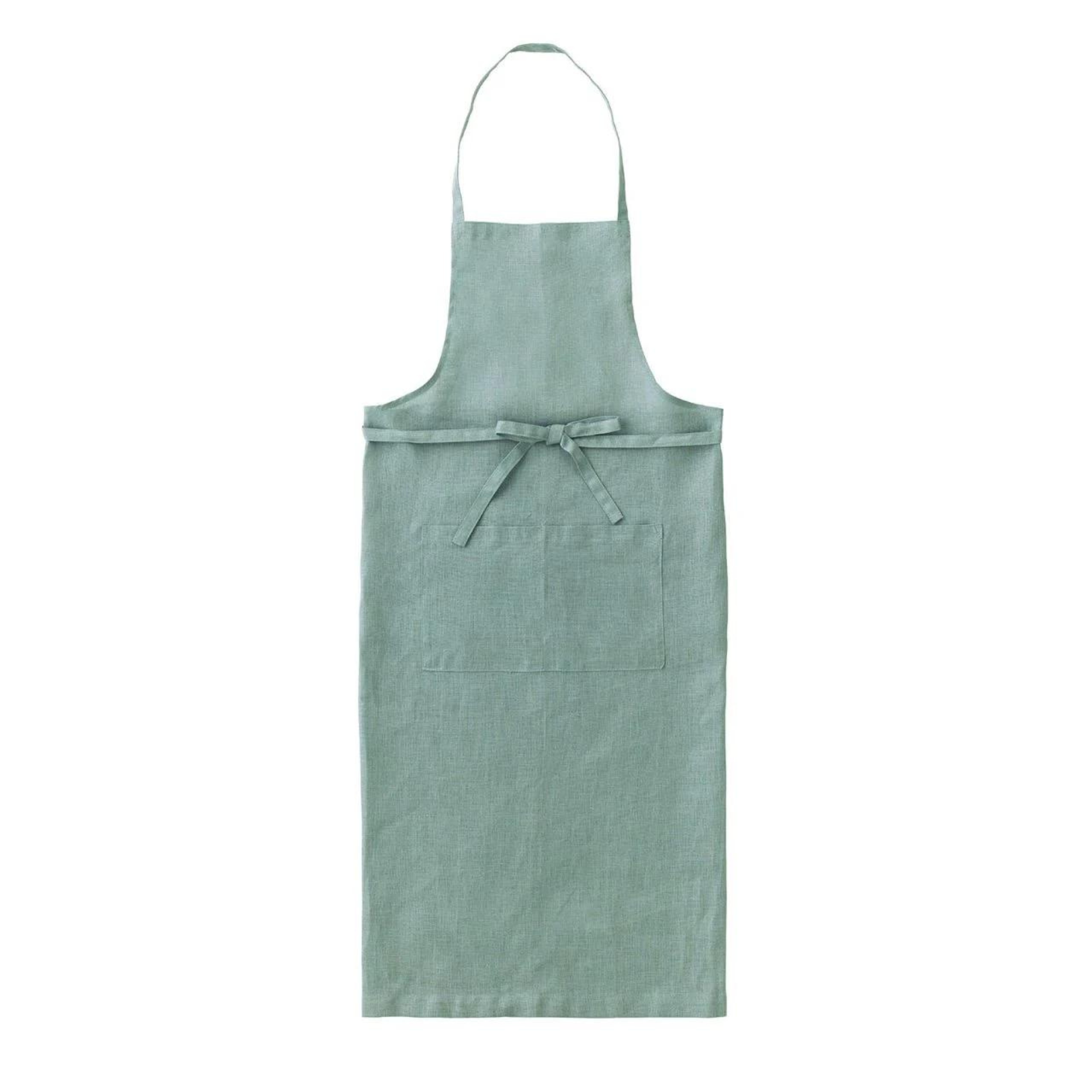Crafted from durable linen fabric, this light green apron features two front pockets, making it ideal for kitchen or craft use.