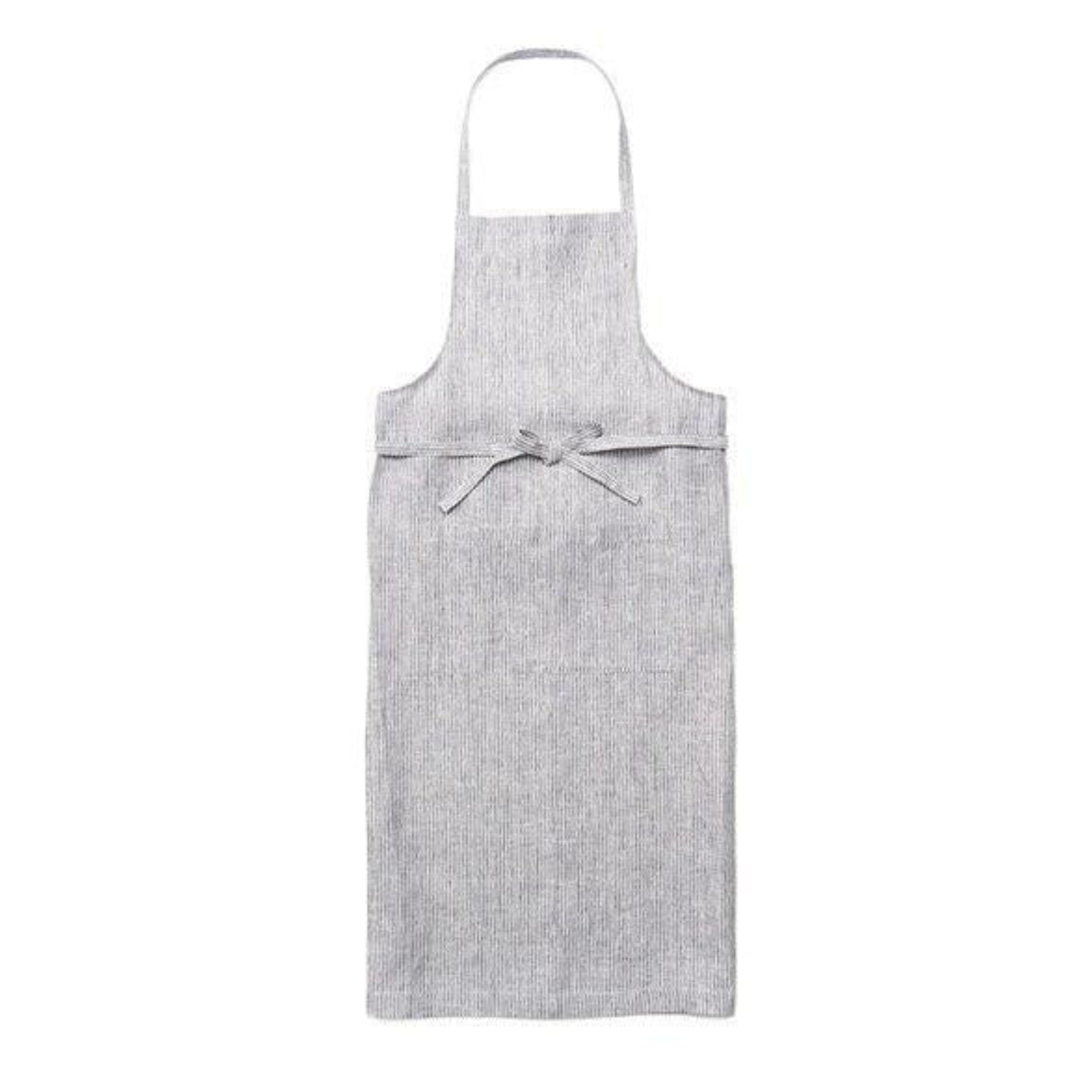 Crafted from durable linen fabric, this grey and white striped apron features two front pockets, making it ideal for kitchen or craft use.