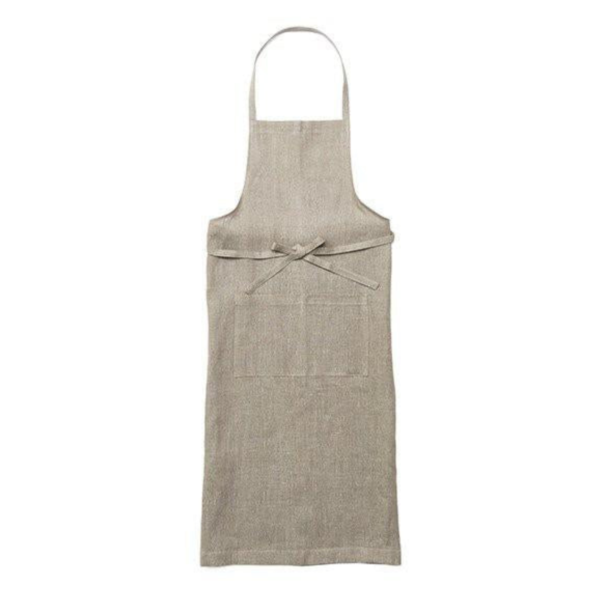 A natural-colored linen apron with two front pockets, made of durable fabric, features a simple yet stylish design.