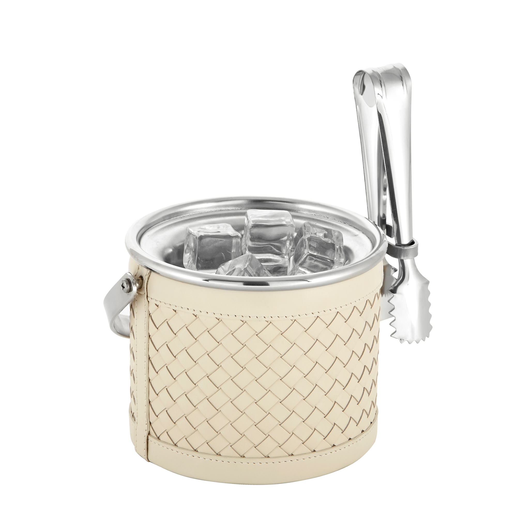 This elegant ivory stainless steel ice bucket, water- and scratch-resistant, will elevate any occasion. Handwoven from premium Italian calfskin leather.