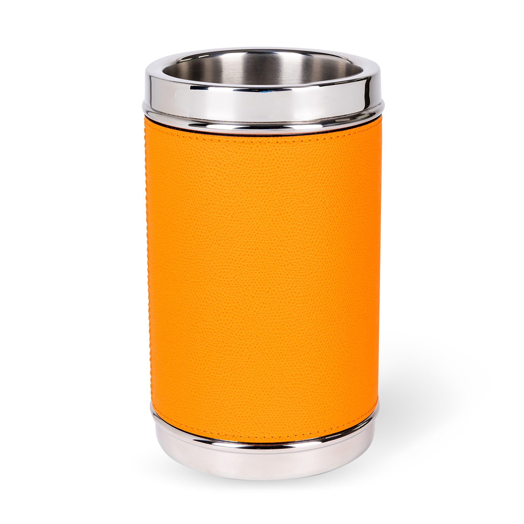 Encased in the finest calfskin, this Orange Ocean Bottle Cooler keeps your beverages cool in vibrant style. A sleek and elegant design makes it a statement accessory for any gathering.
