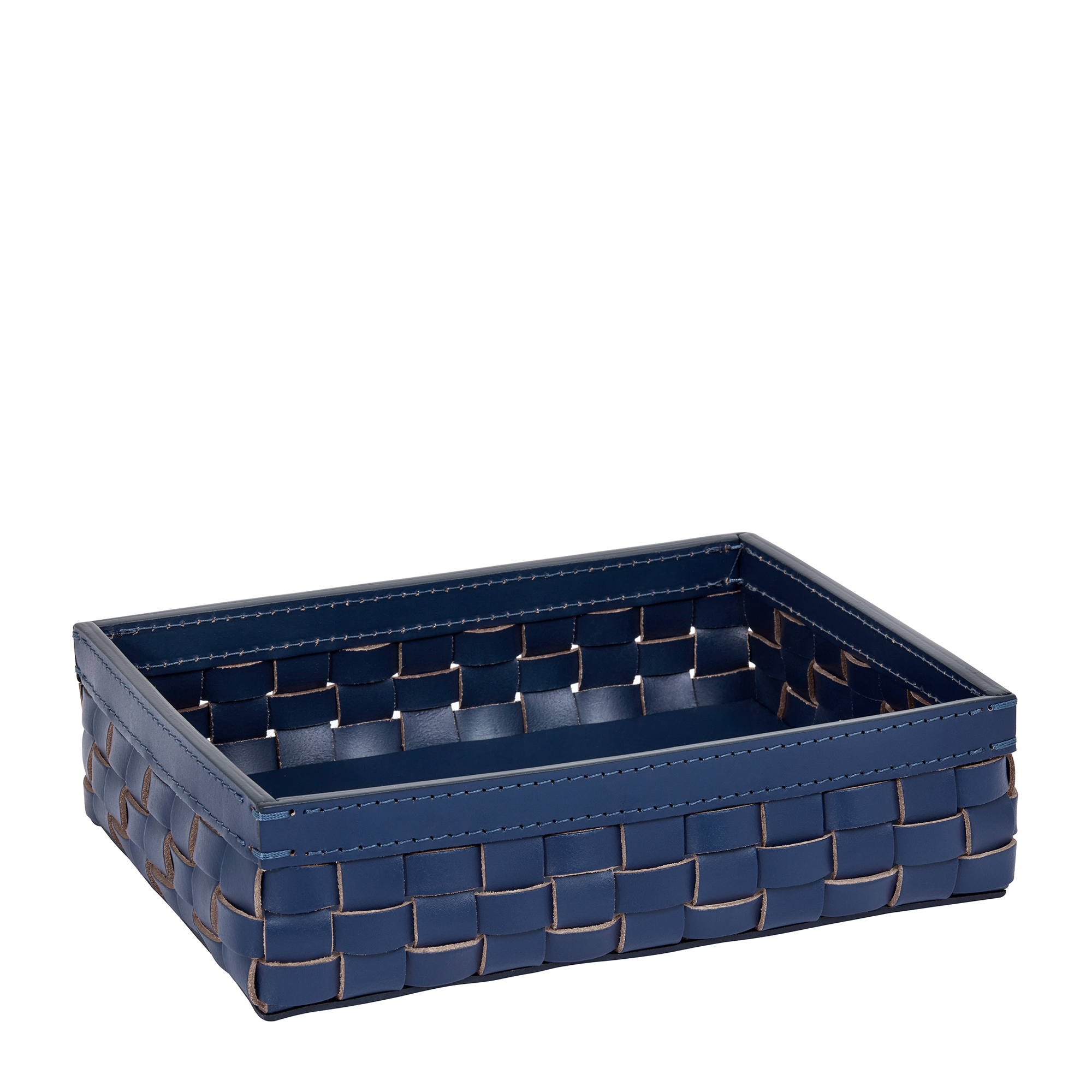 Handmade from sun and water-protected Italian leather, this water and scratch-resistant navy basket is perfect for organizing pool towels, toiletries, magazines, and coffee table books, for both indoors and out.