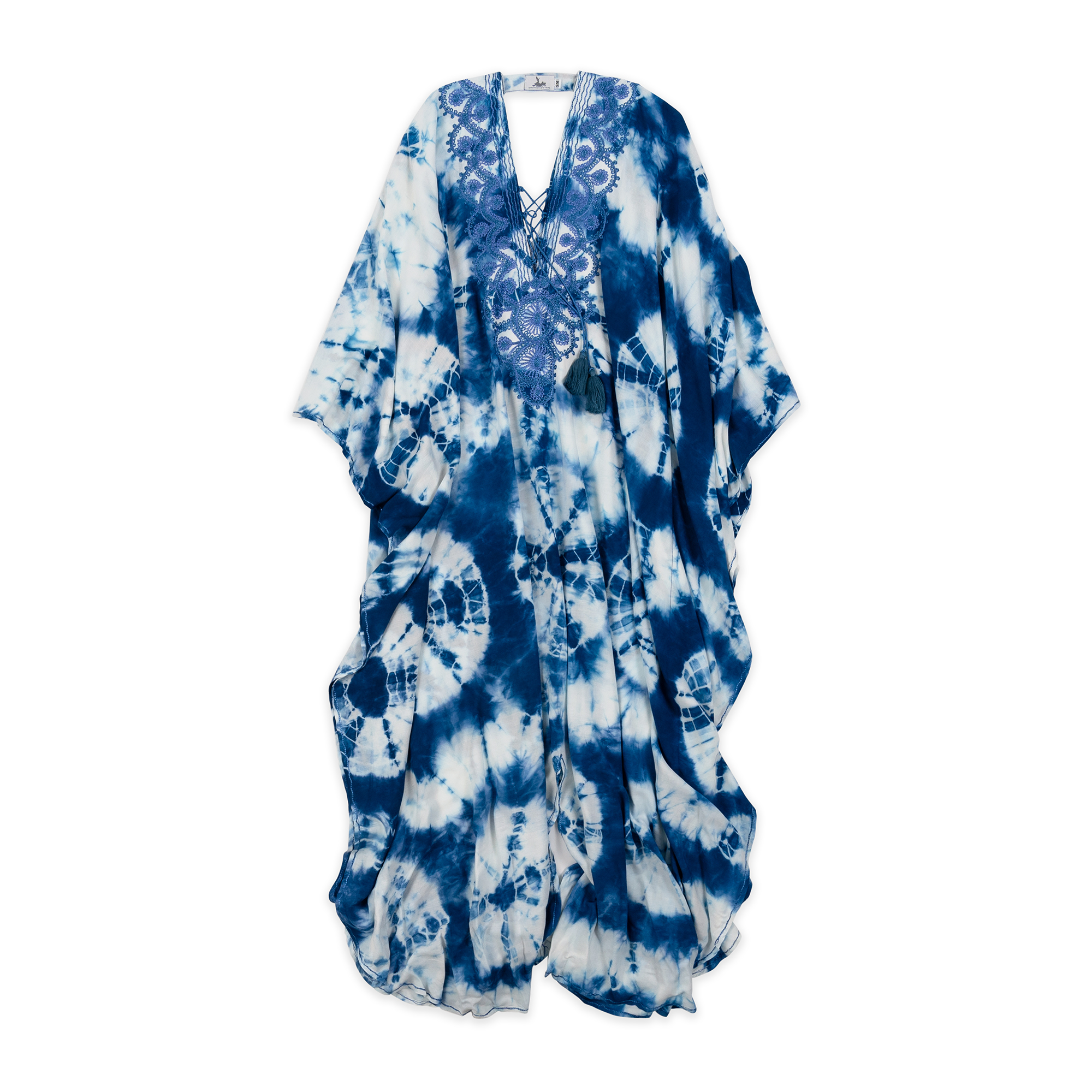 A vibrant blue and white tie-dye kaftan featuring intricate lace detailing on the neckline. The flowing, airy design provides comfort and style, making it perfect for beach outings or relaxed summer days. This elegant piece combines bohemian charm with a touch of sophistication.