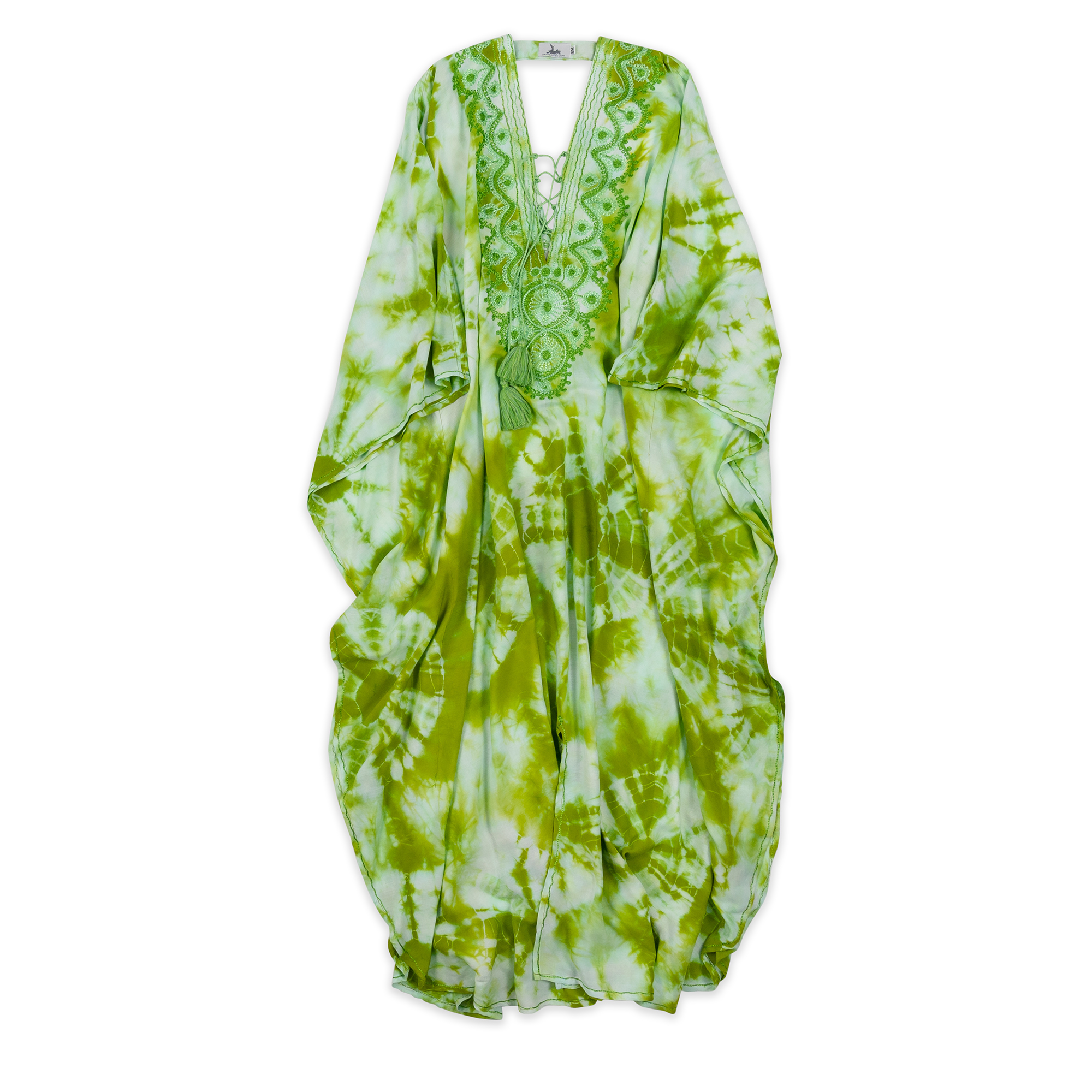 A vibrant green and white tie-dye kaftan featuring intricate lace detailing on the neckline. The flowing, airy design provides comfort and style, making it perfect for beach outings or relaxed summer days. This elegant piece combines bohemian charm with a touch of sophistication.