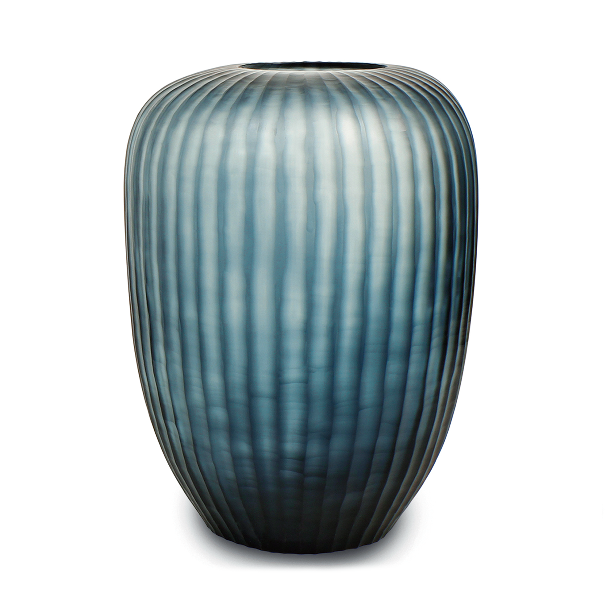 This remarkable, wide at the top vase is crafted from pleated dark green glass. Its textured surface adds depth and a sleek finish to the rich indigo hue, making it a unique and eye-catching addition to your home decor.