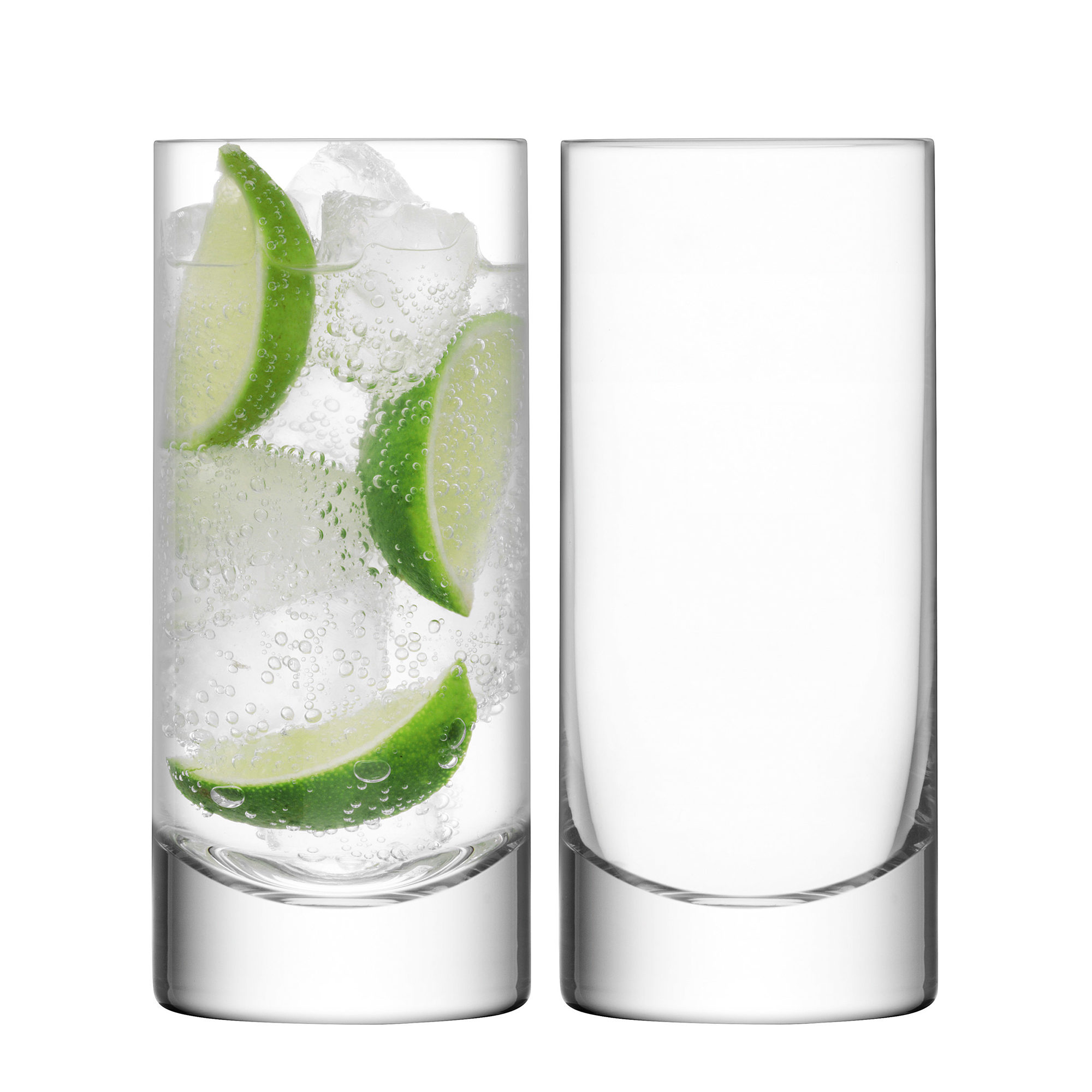 Pair of mouth-blown tumblers with straight walls and a cube-shaped base. Perfect for whisky or cocktails, combining modern style with classic elegance.