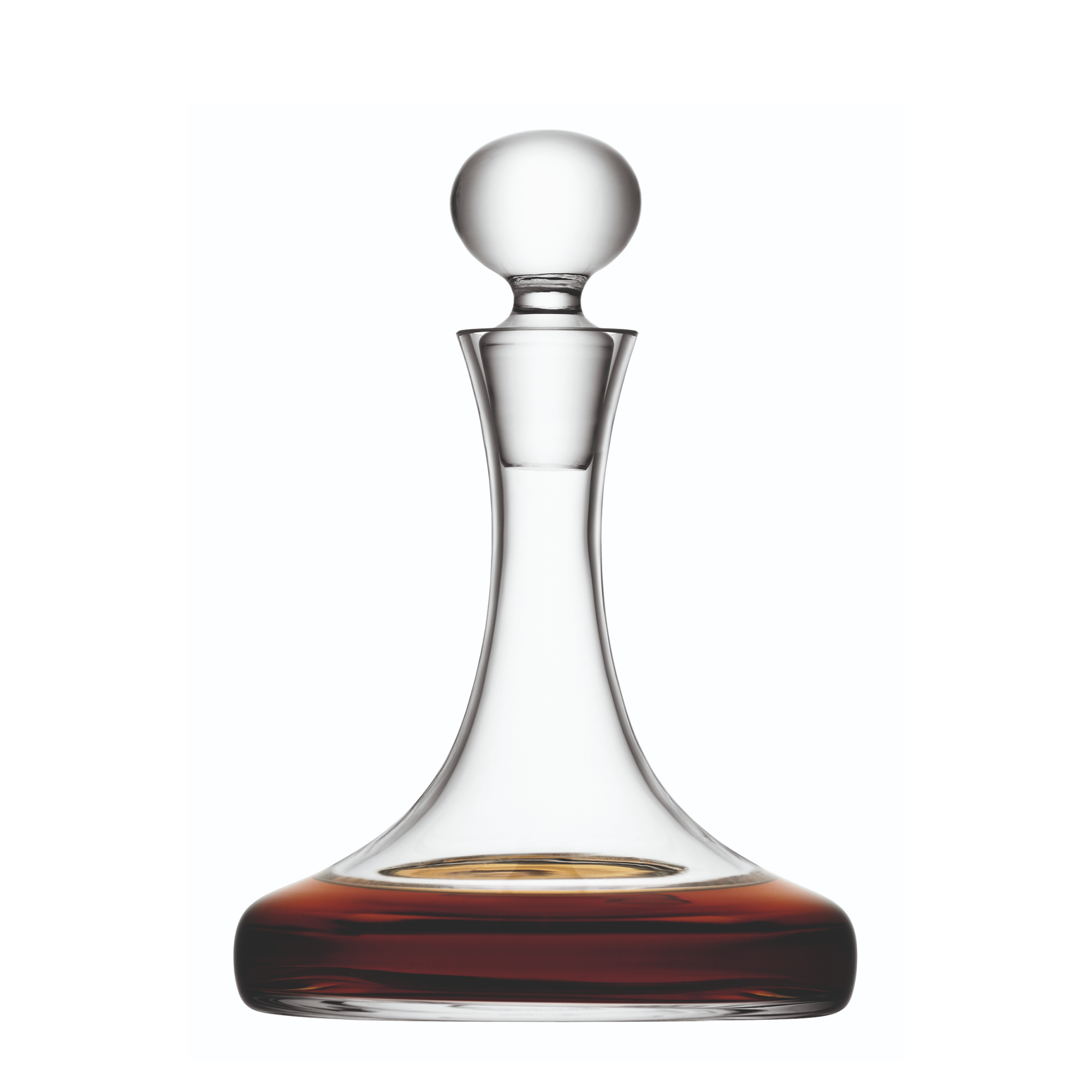 Mouth-blown glass decanter with a narrow neck and broad base, combining contemporary and traditional design. Grand and timeless, ideal for gatherings or as a bar display piece.