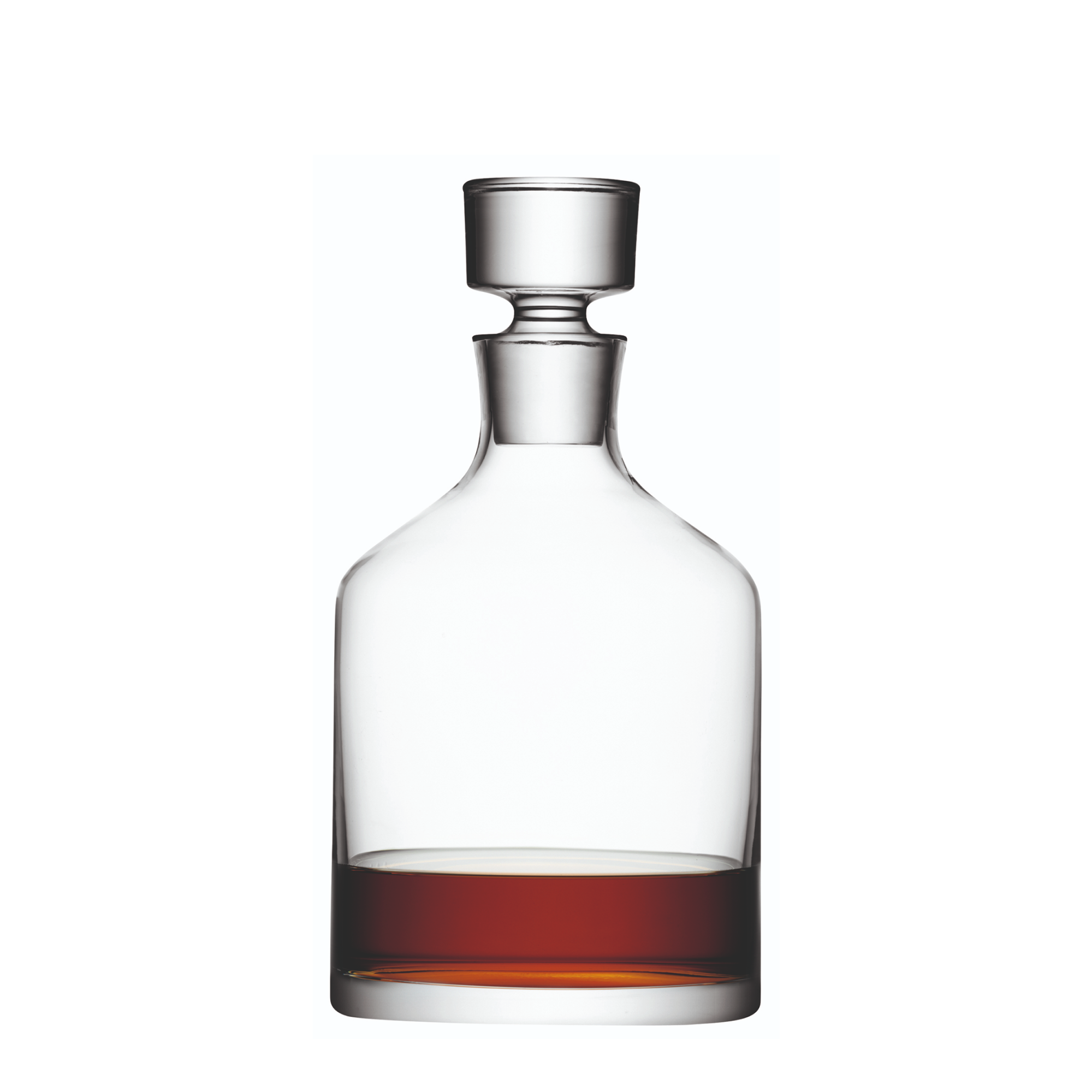 Mouth-blown glass decanter with a square base, funnel neck, and heavy hand-ground stopper. The clean lines and weighty base create a timeless, elegant look.