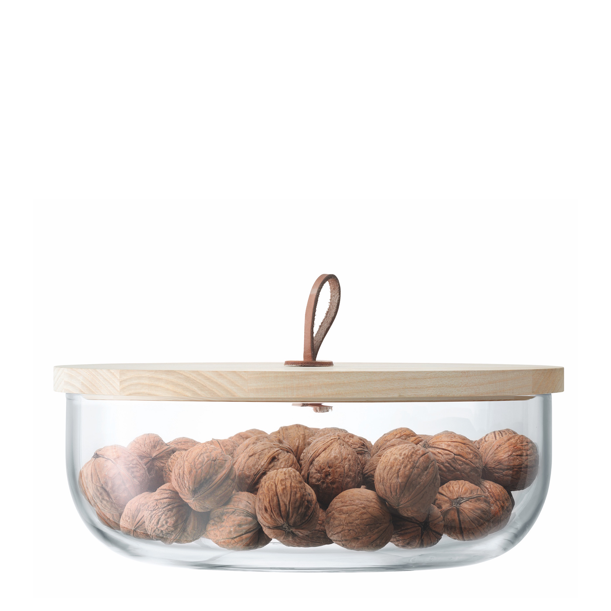 Mouth-blown glass container with a rounded base and a wooden lid featuring a hand-knotted leather toggle. Ideal for storing and displaying items like pasta, rice, or bathroom essentials.