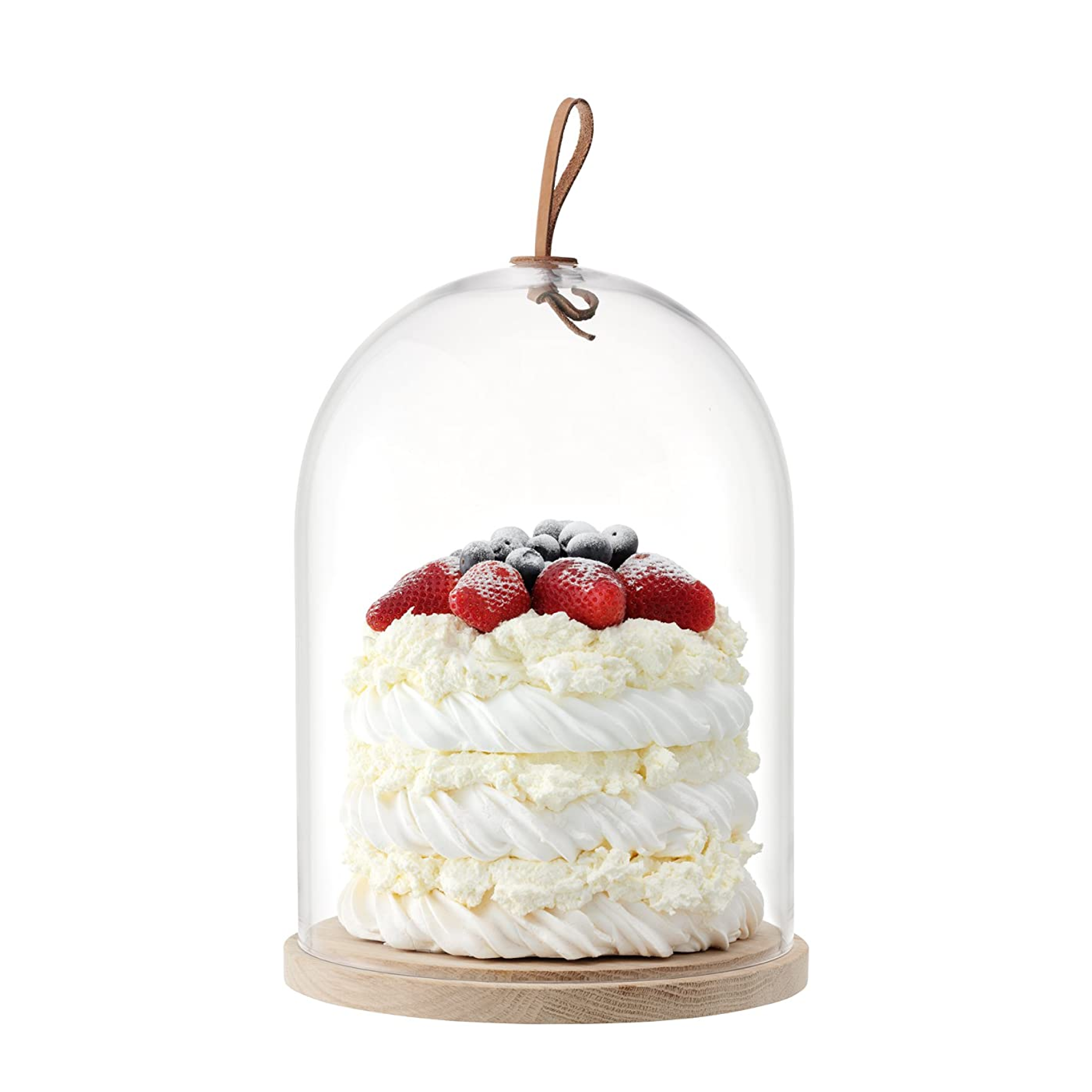 Mouth-blown glass dome on a natural wooden stand, ideal for serving cakes, cheese, or pastries. The stand is crafted from ash wood and features a hand-knotted leather toggle, creating a contemporary mix of textures for modern food presentation.