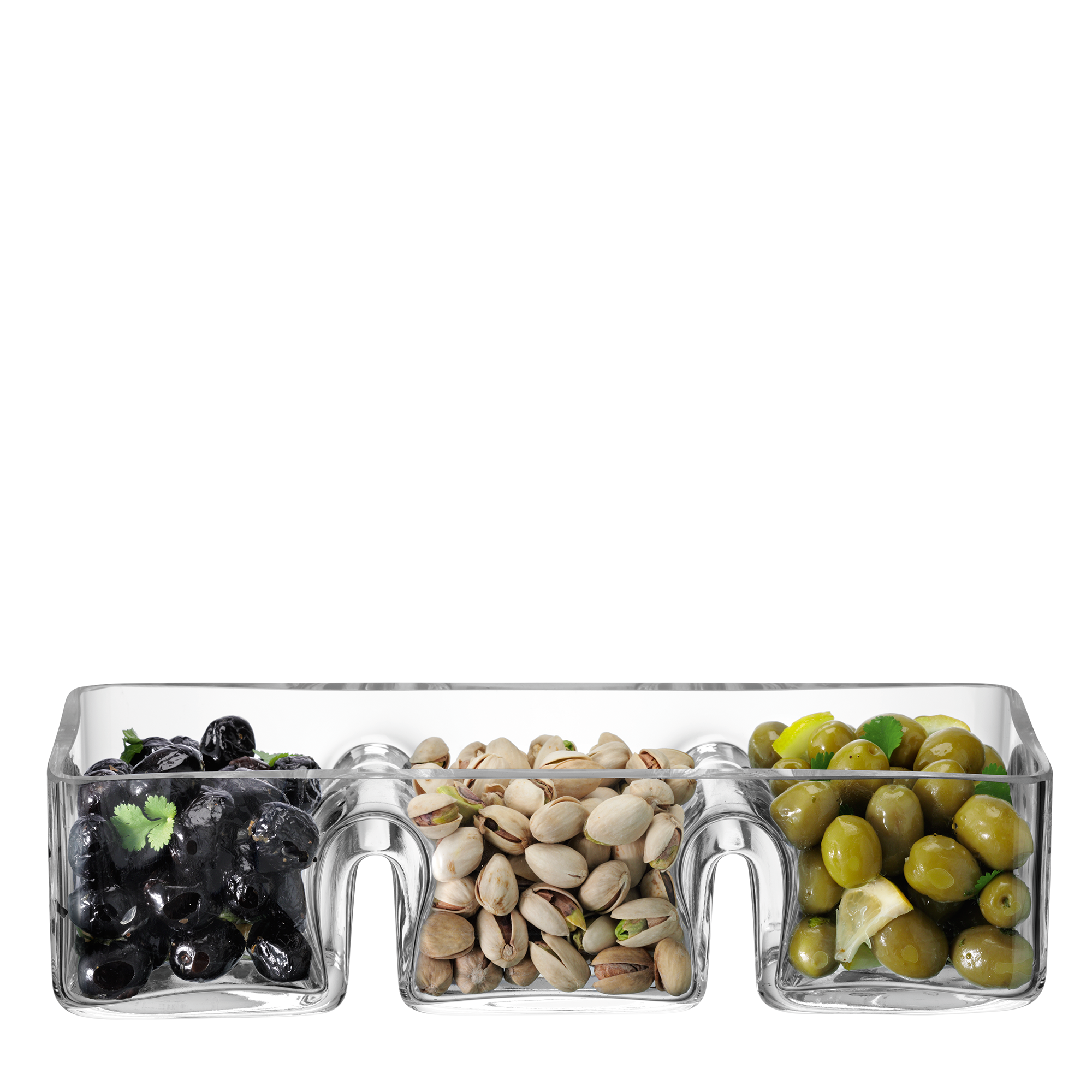 This classic rectangular glass dish, with its refined design and polished rim, features three compartments perfect for serving olives, nuts, or sweets.