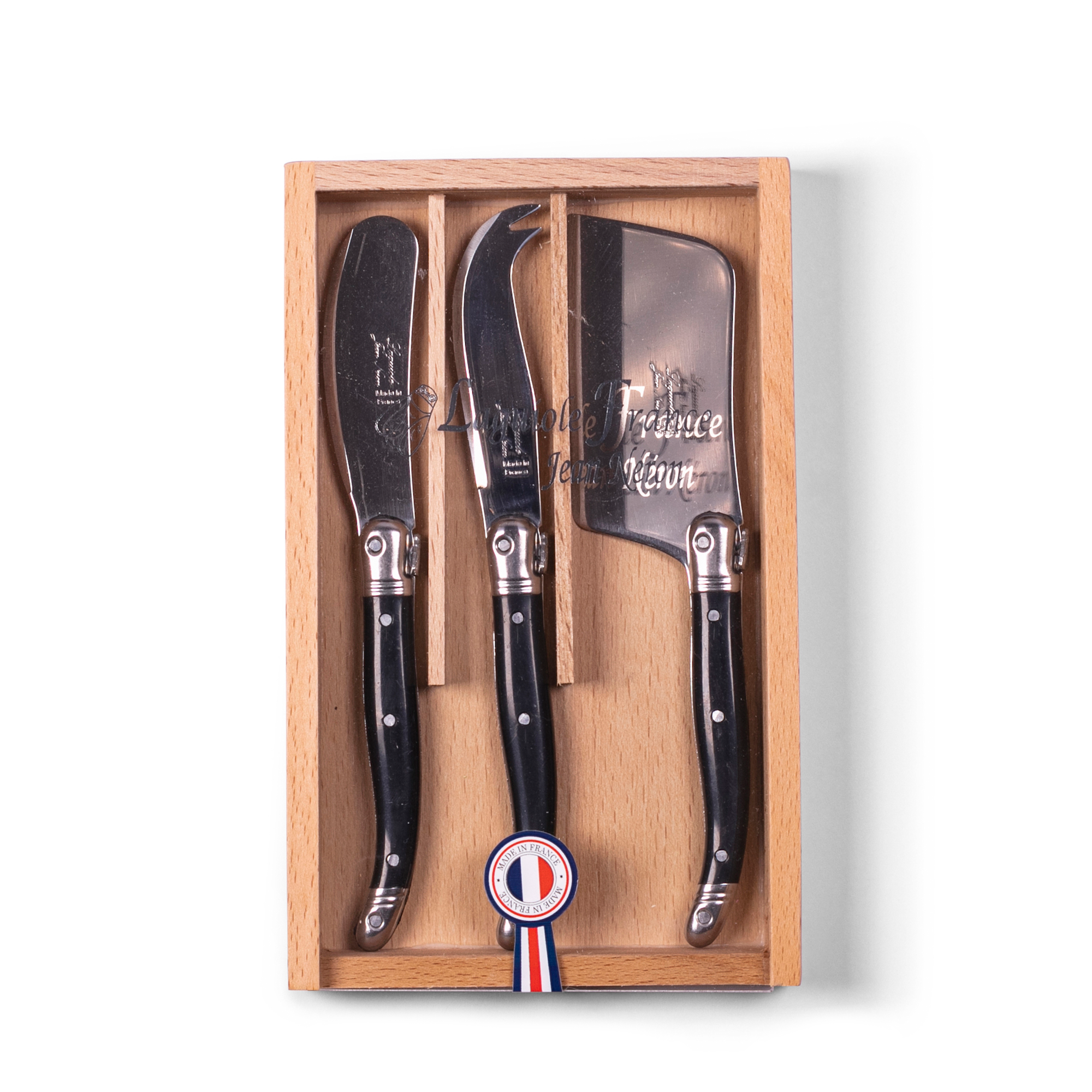 Mini Cheese Utensils, hand-crafted in France by expert craftsmen, this three-piece set features a mirror finish and sleek black resin handles embossed with the bee detail synonymous with Laguiole. Perfect for a pre-dinner charcuterie board with friends or a post-dinner drink with cheese and crackers.