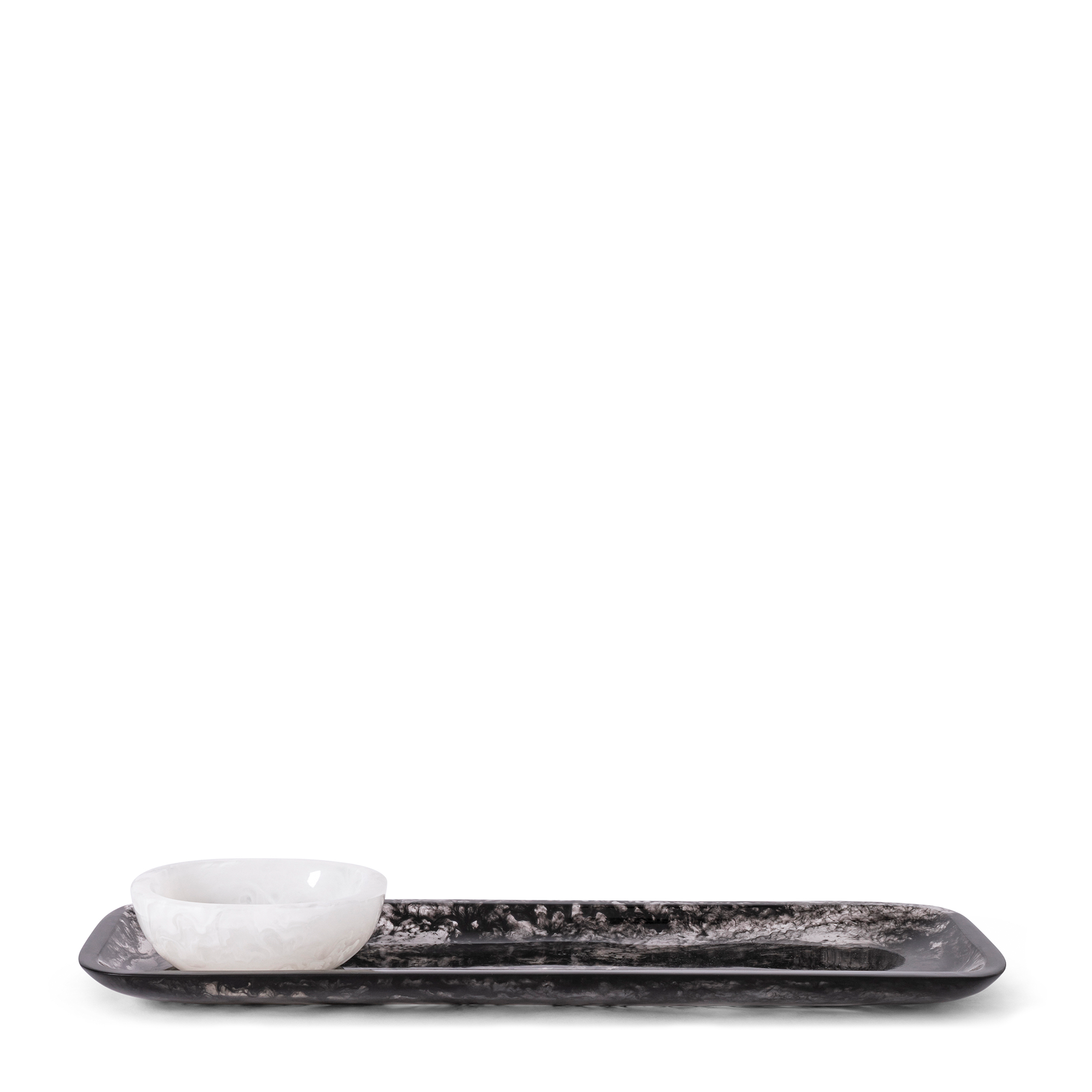 This tapas tray is perfect for pairing with tapas bowls, with the same black and white marbling pattern inside.