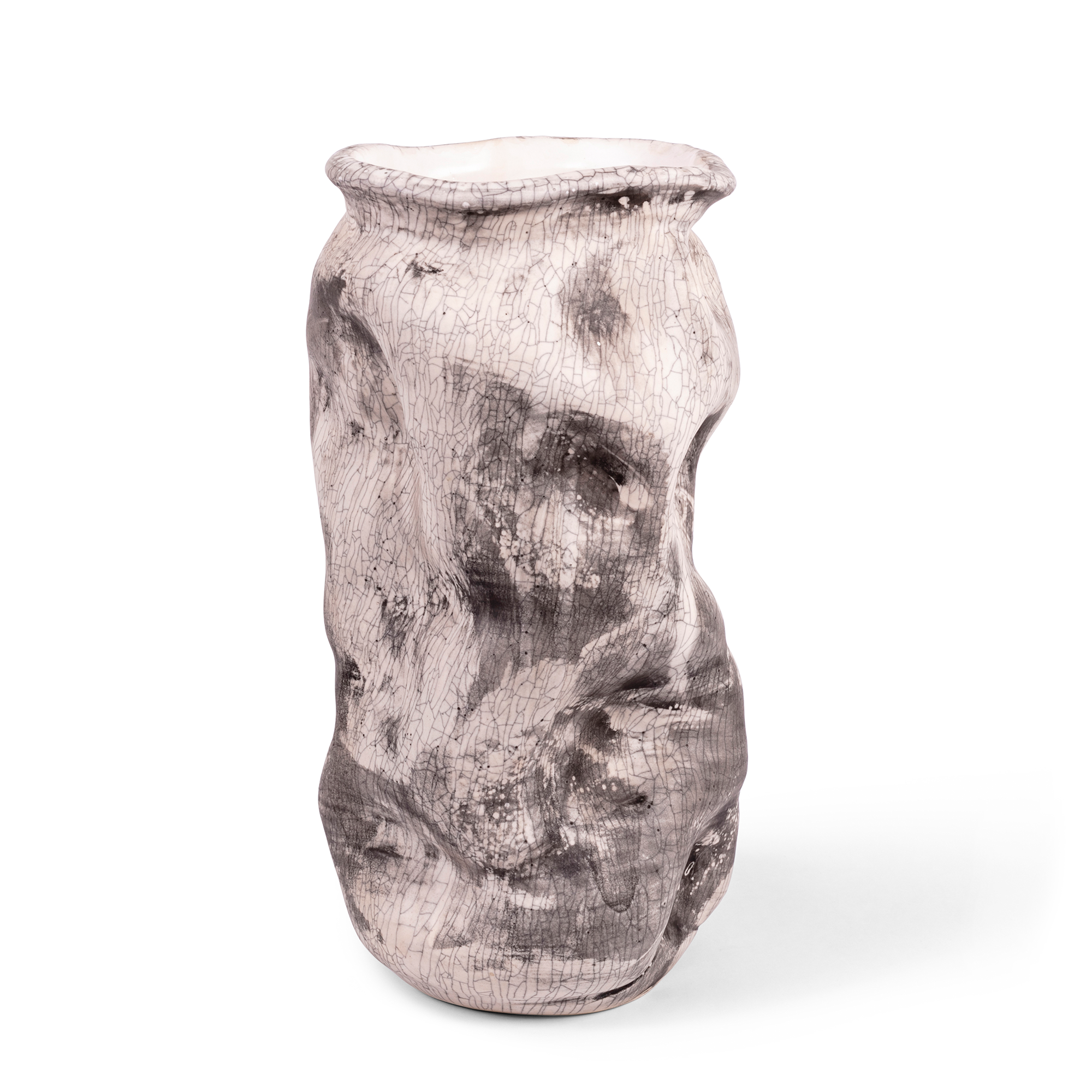 This tall, statement vase is featuring a crumpled ceramic texture, a crackled finish, and a smoky glaze, resembling a stone surface. 