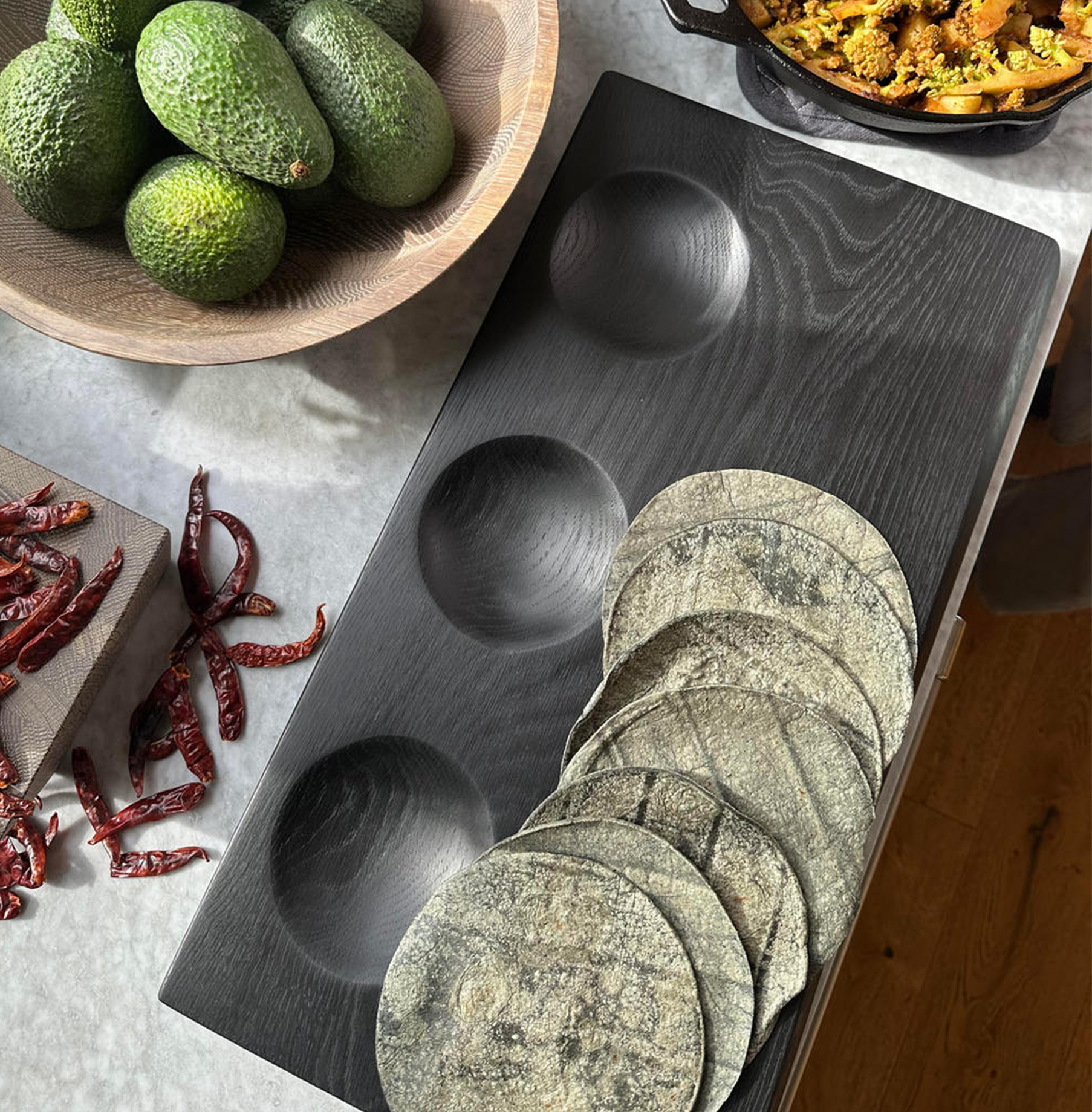 Dip Board With Bowls - Ebonized Oak