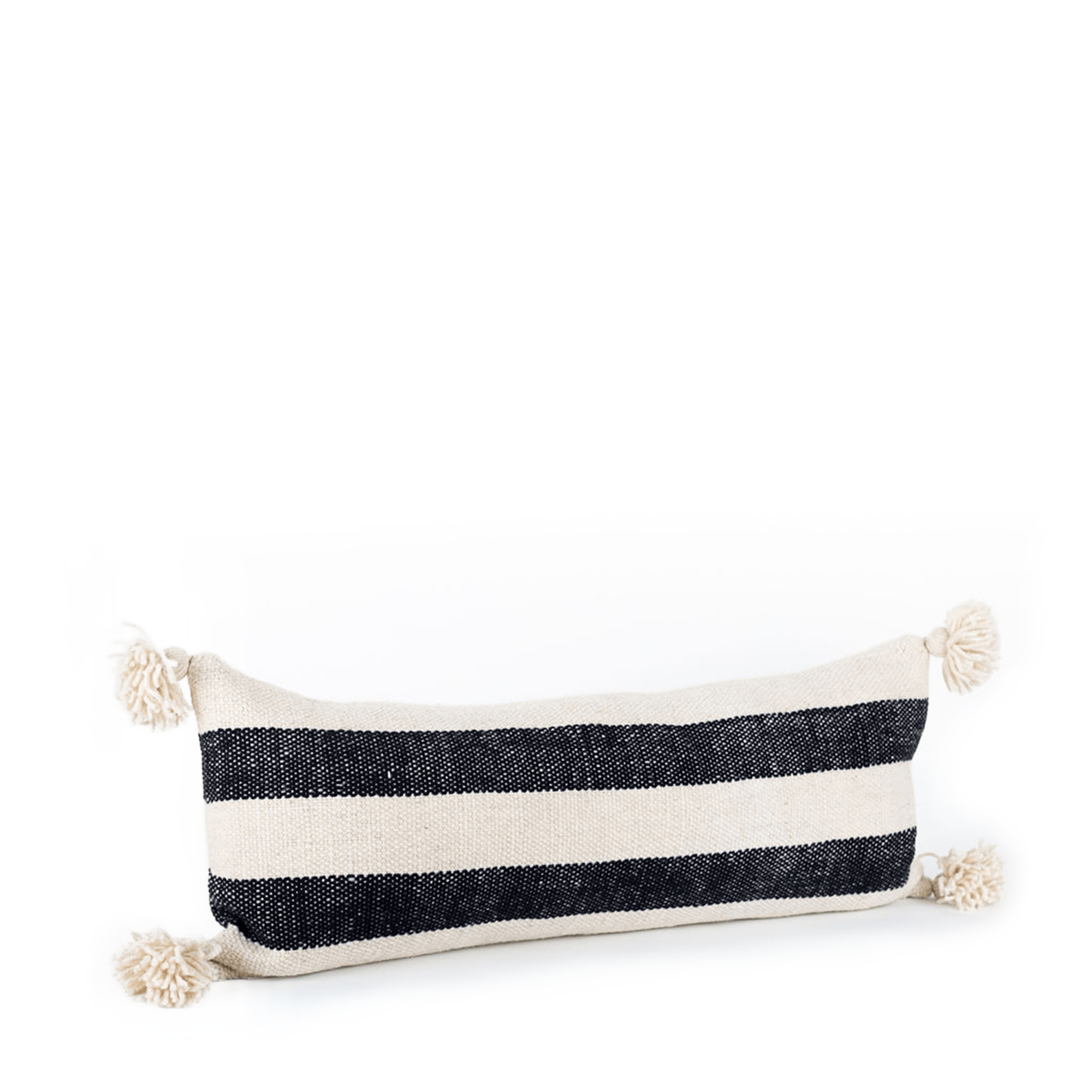 Pewma Striped Lumbar Pillow W/ Pom Poms - Black + White